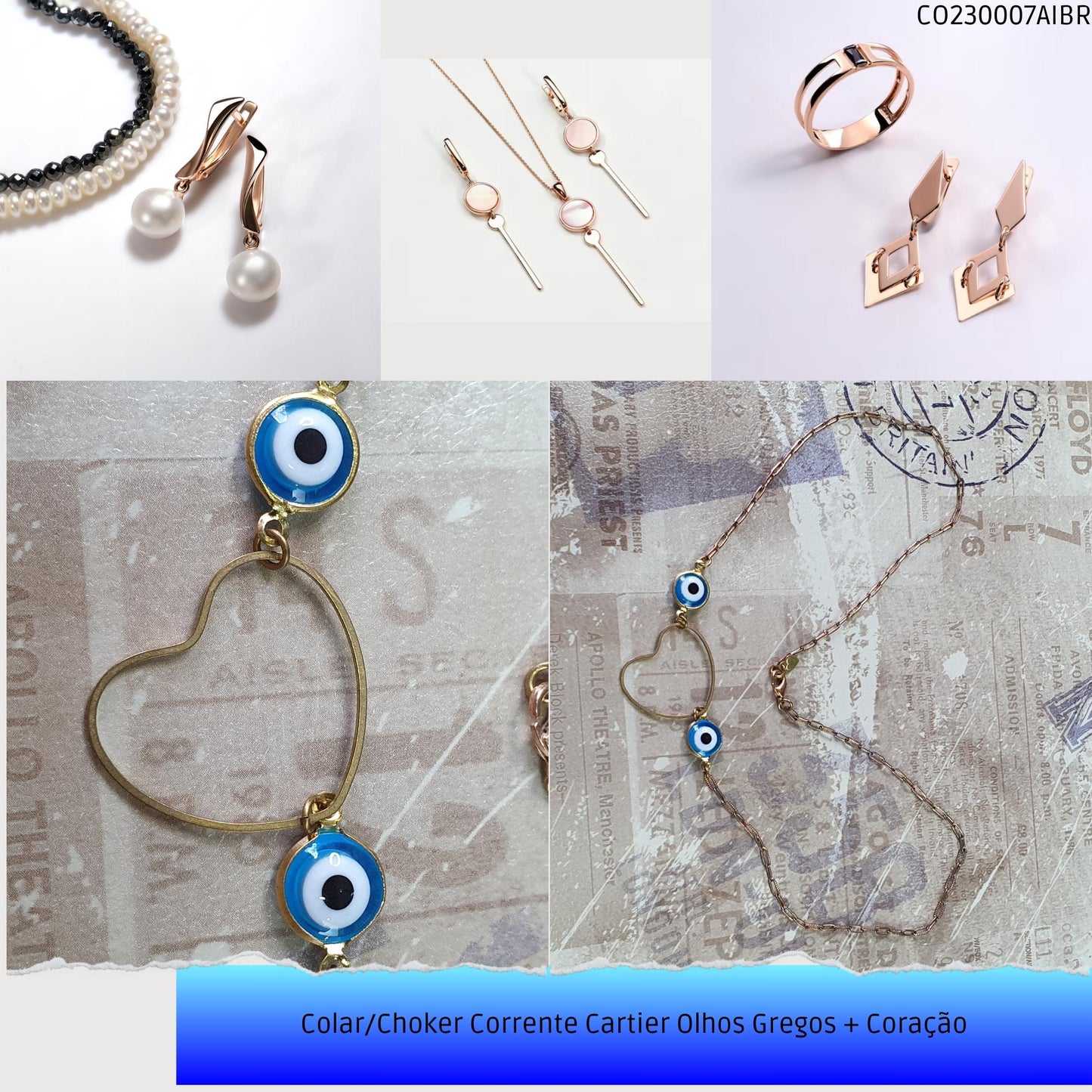 Colar/Choker Corrente Cartier Olhos Gregos + Coração  - Código.: CO230007AIBR  - Peso.: 4.0 gr