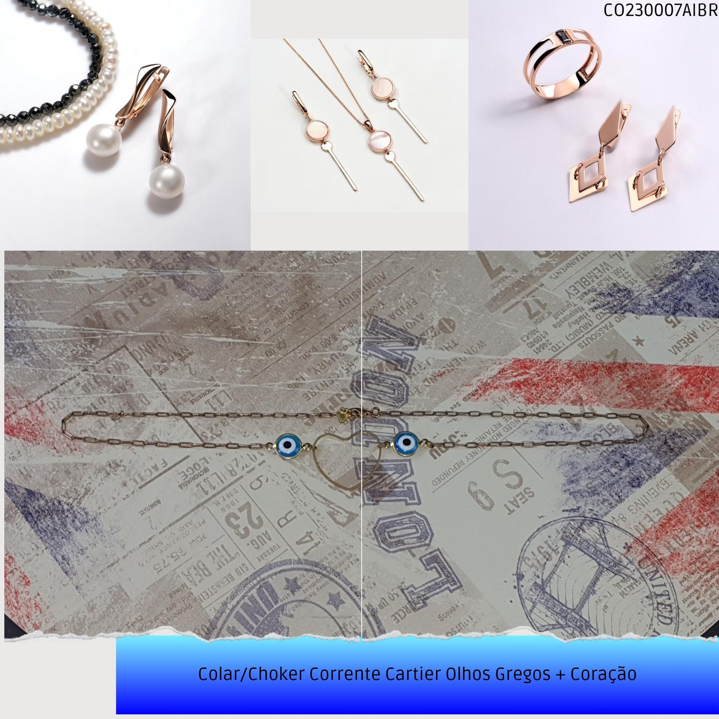Colar/Choker Corrente Cartier Olhos Gregos + Coração  - Código.: CO230007AIBR  - Peso.: 4.0 gr