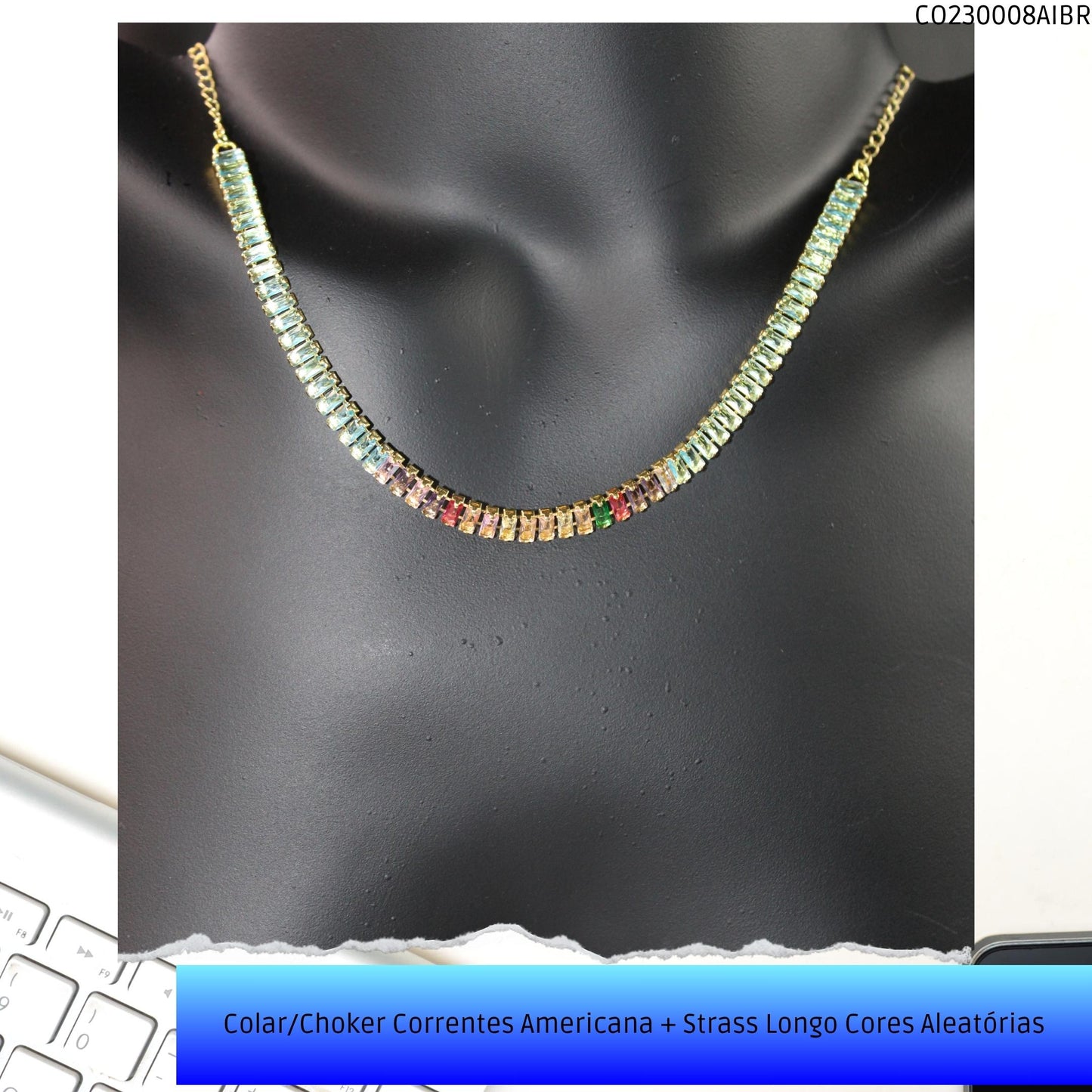 Colar/Choker Correntes Americana + Strass Longo Cores Aleatórias  - Código.: CO230008AIBR  - Peso.: 8.3 gr