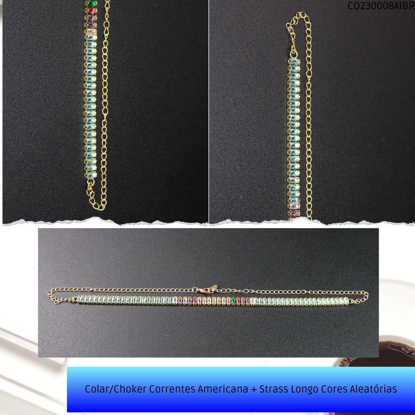 Colar/Choker Correntes Americana + Strass Longo Cores Aleatórias  - Código.: CO230008AIBR  - Peso.: 8.3 gr