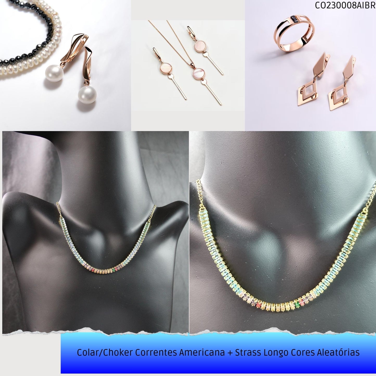 Colar/Choker Correntes Americana + Strass Longo Cores Aleatórias  - Código.: CO230008AIBR  - Peso.: 8.3 gr