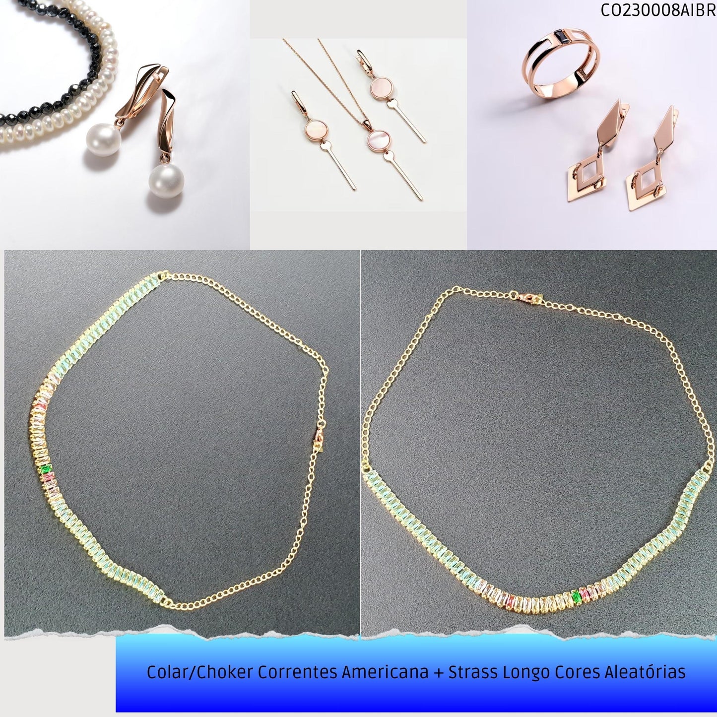 Colar/Choker Correntes Americana + Strass Longo Cores Aleatórias  - Código.: CO230008AIBR  - Peso.: 8.3 gr
