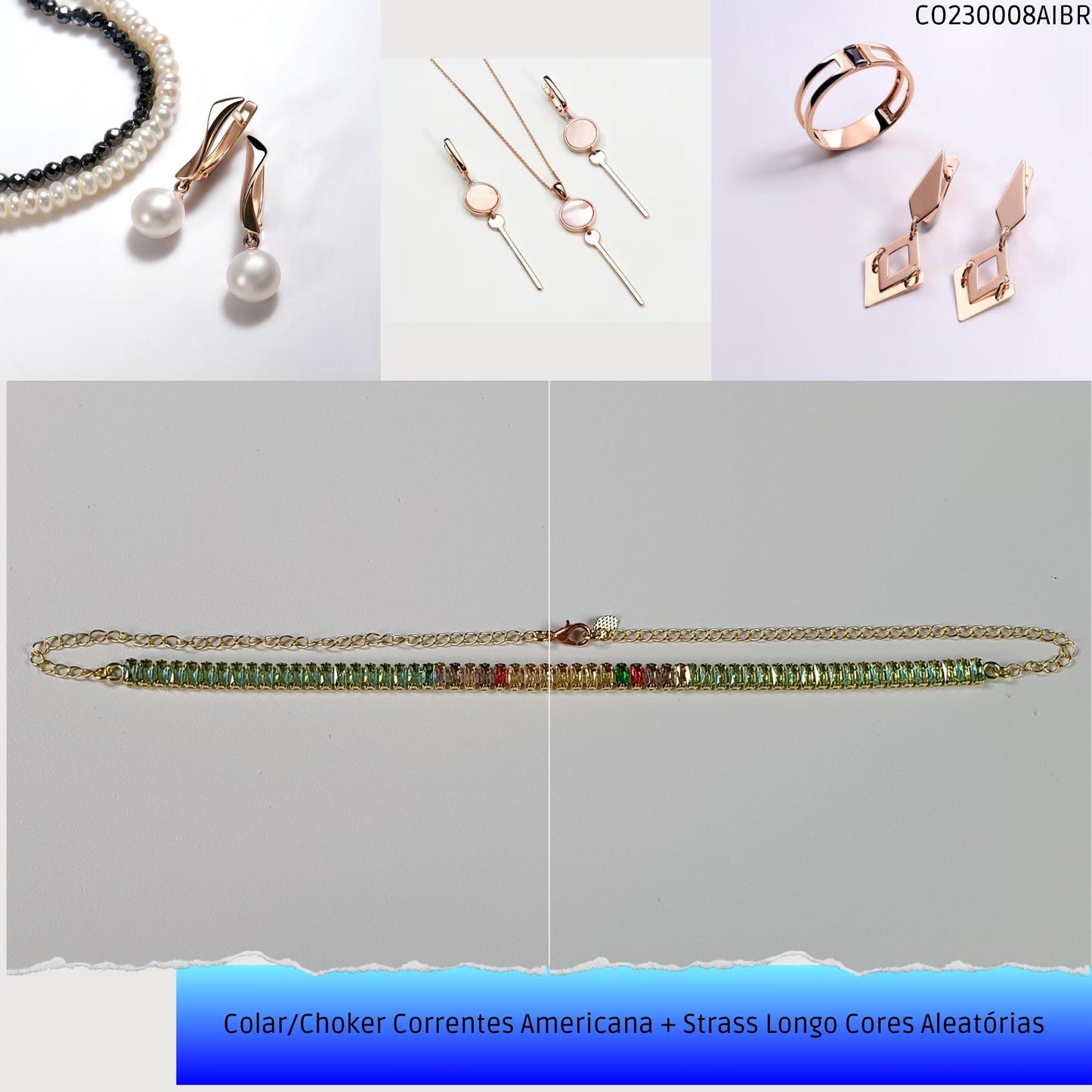 Colar/Choker Correntes Americana + Strass Longo Cores Aleatórias  - Código.: CO230008AIBR  - Peso.: 8.3 gr