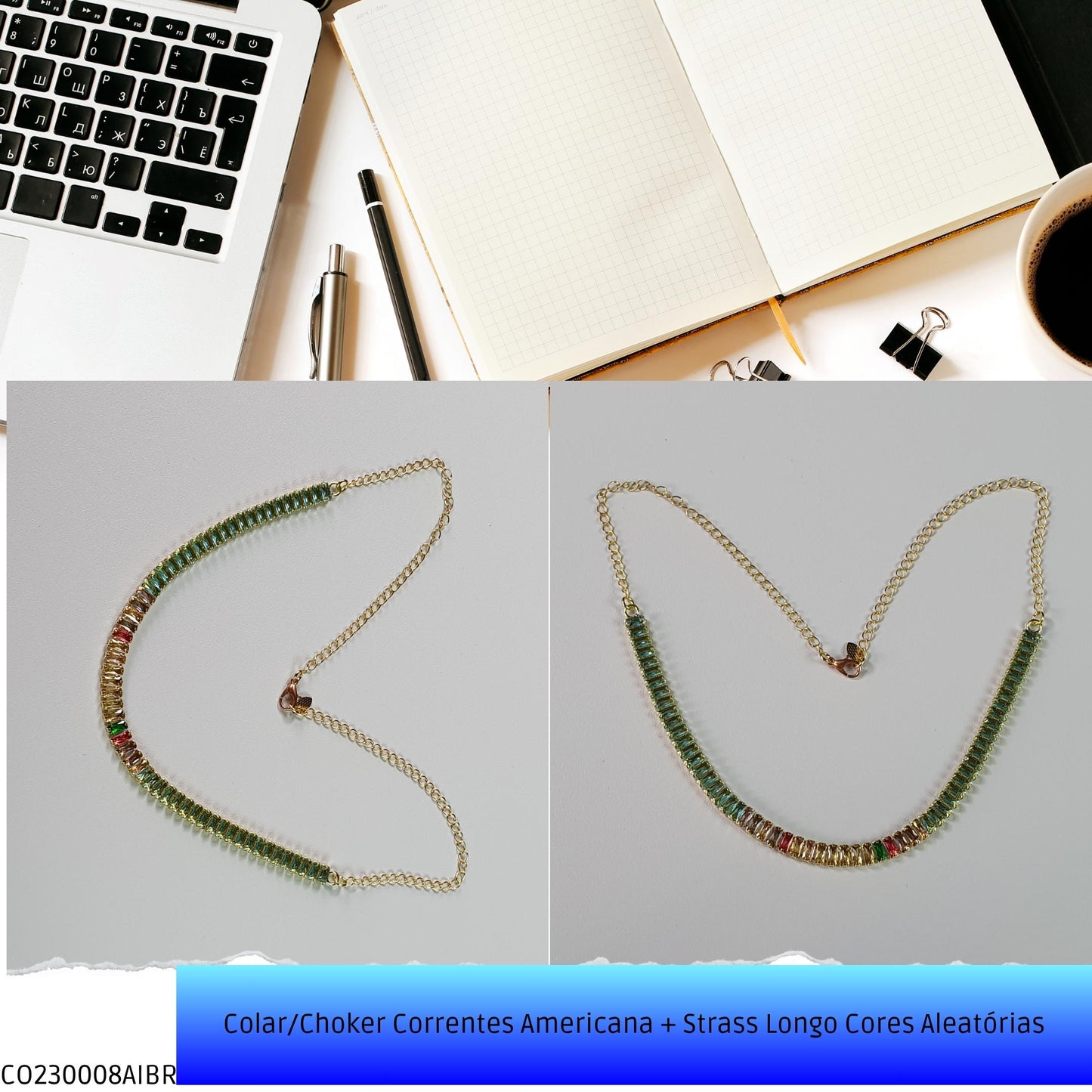 Colar/Choker Correntes Americana + Strass Longo Cores Aleatórias  - Código.: CO230008AIBR  - Peso.: 8.3 gr