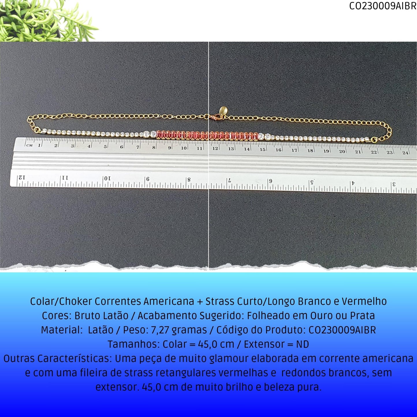 Colar/Choker Correntes Americana + Strass Curto/Longo Branco e Vermelho  - Código.: CO230009AIBR  - Peso.: 7.3 gr