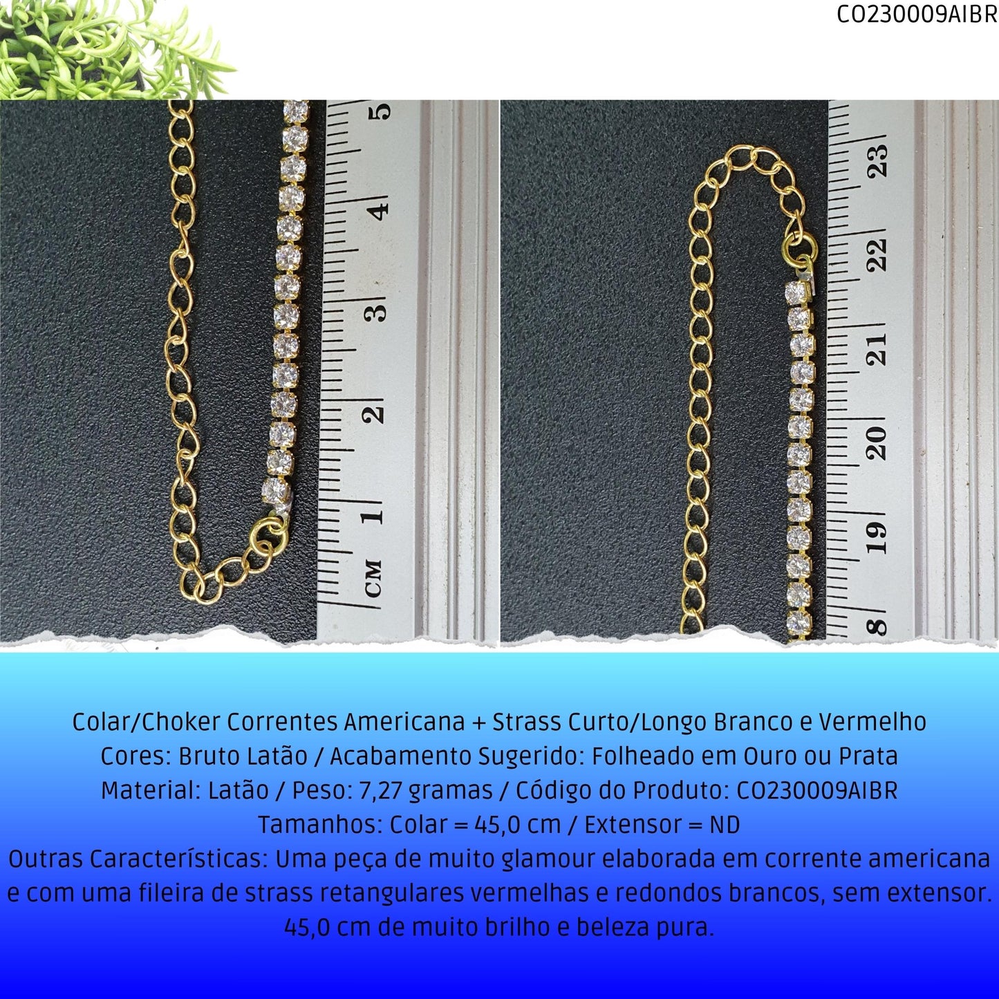 Colar/Choker Correntes Americana + Strass Curto/Longo Branco e Vermelho  - Código.: CO230009AIBR  - Peso.: 7.3 gr