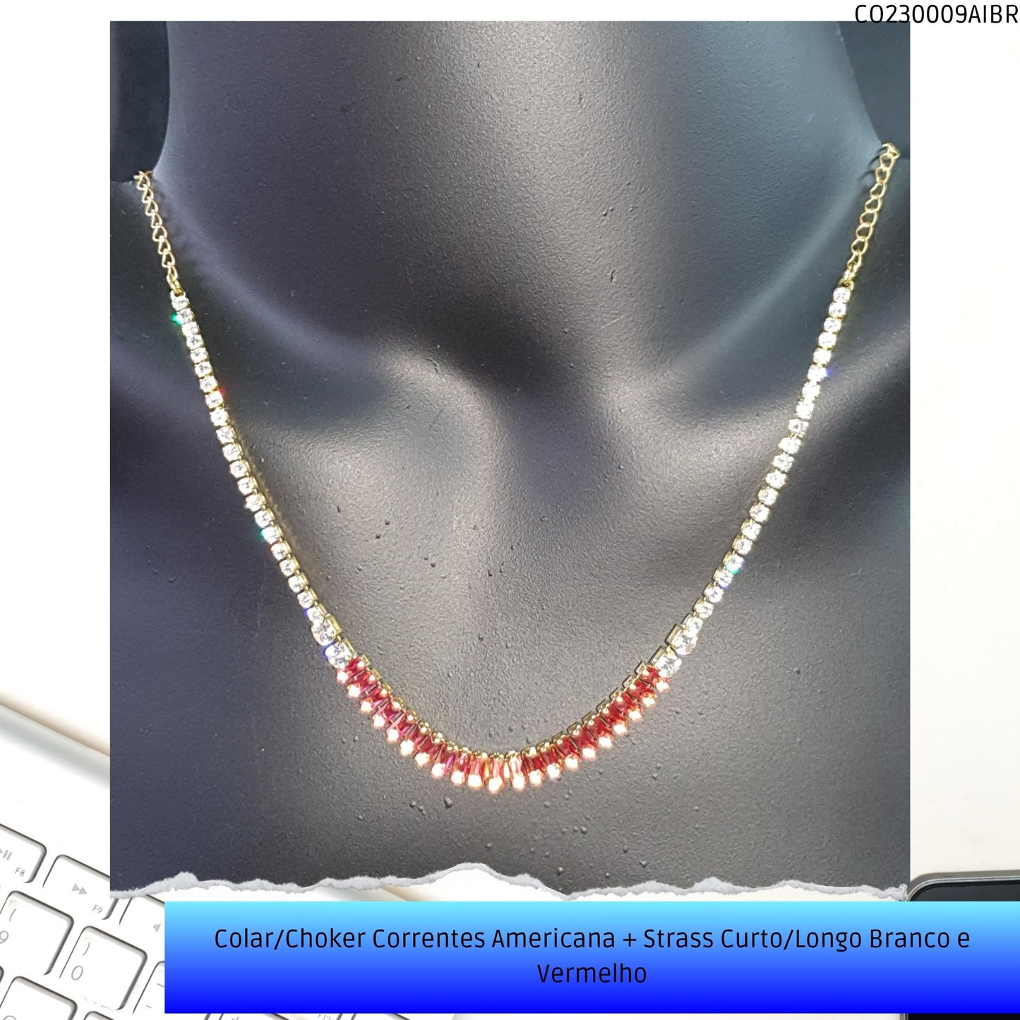 Colar/Choker Correntes Americana + Strass Curto/Longo Branco e Vermelho  - Código.: CO230009AIBR  - Peso.: 7.3 gr