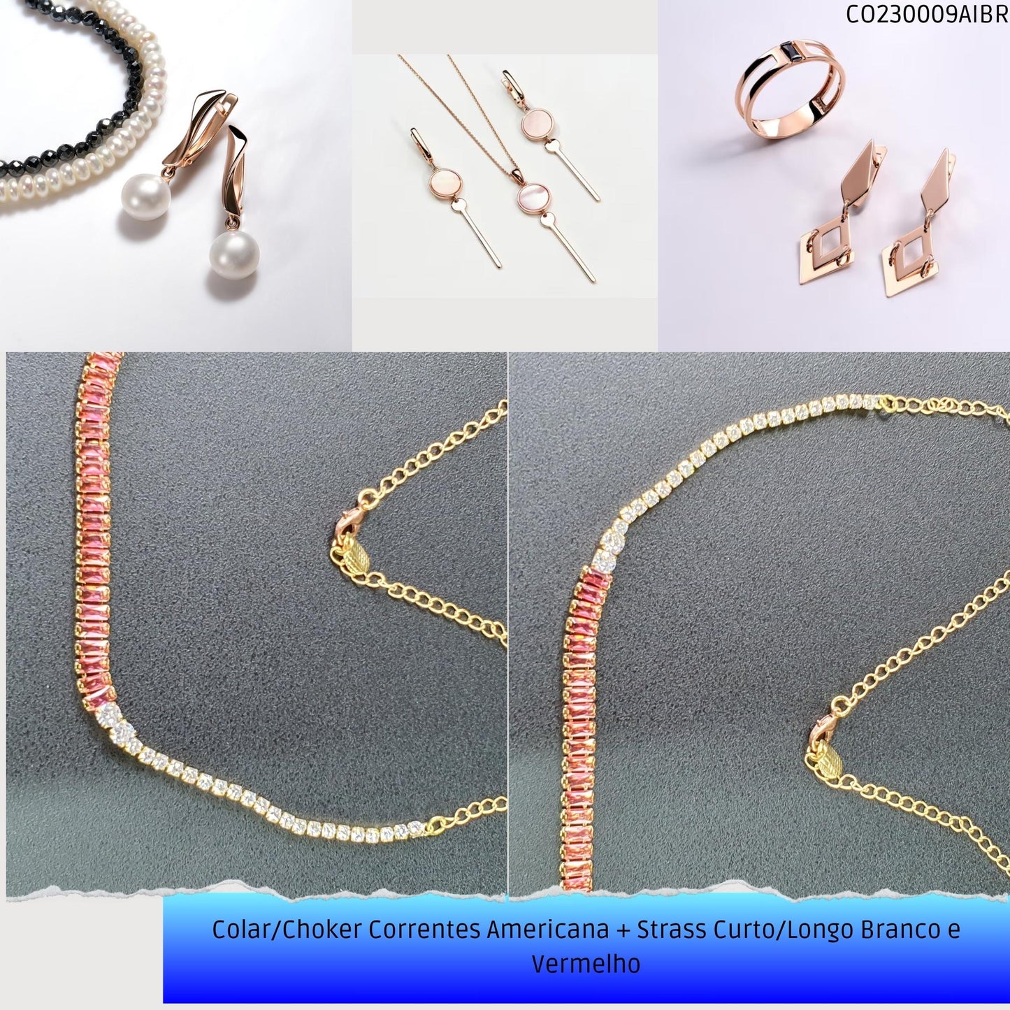 Colar/Choker Correntes Americana + Strass Curto/Longo Branco e Vermelho  - Código.: CO230009AIBR  - Peso.: 7.3 gr