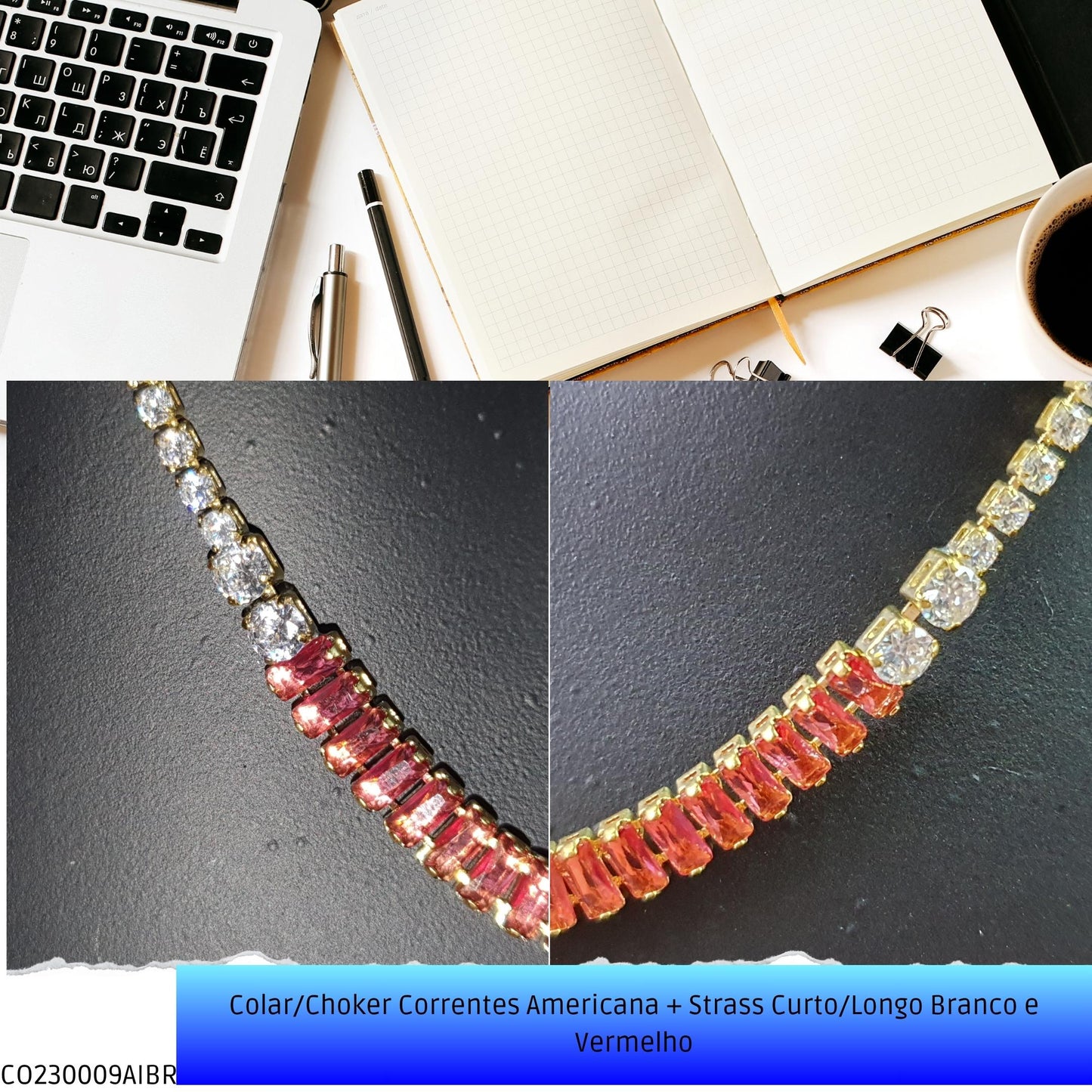 Colar/Choker Correntes Americana + Strass Curto/Longo Branco e Vermelho  - Código.: CO230009AIBR  - Peso.: 7.3 gr