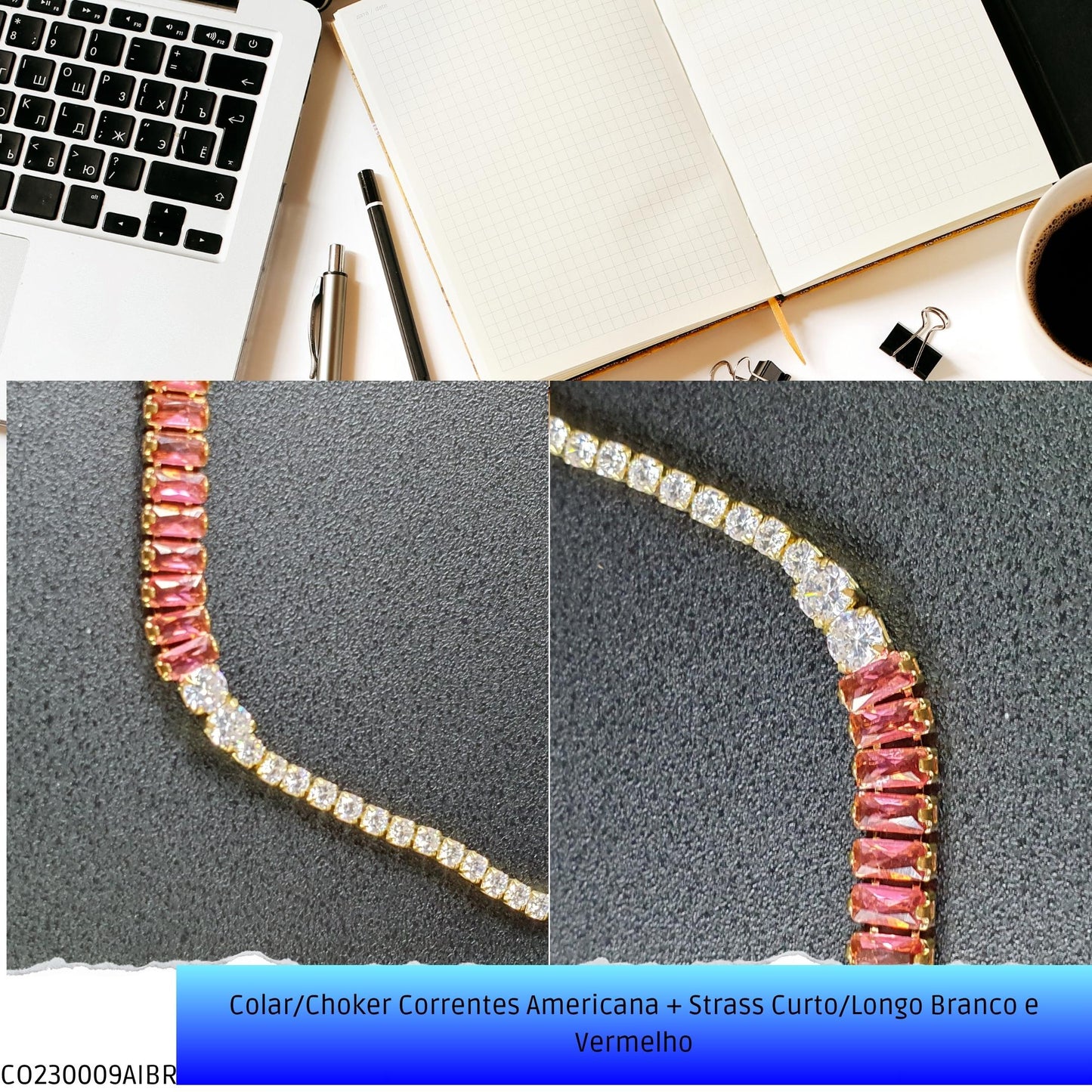 Colar/Choker Correntes Americana + Strass Curto/Longo Branco e Vermelho  - Código.: CO230009AIBR  - Peso.: 7.3 gr