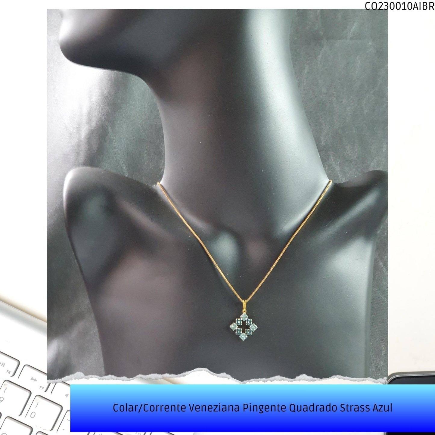 Colar/Corrente Veneziana Pingente Quadrado Strass Azul  - Código.: CO230010AIBR  - Peso.: 4.8 gr