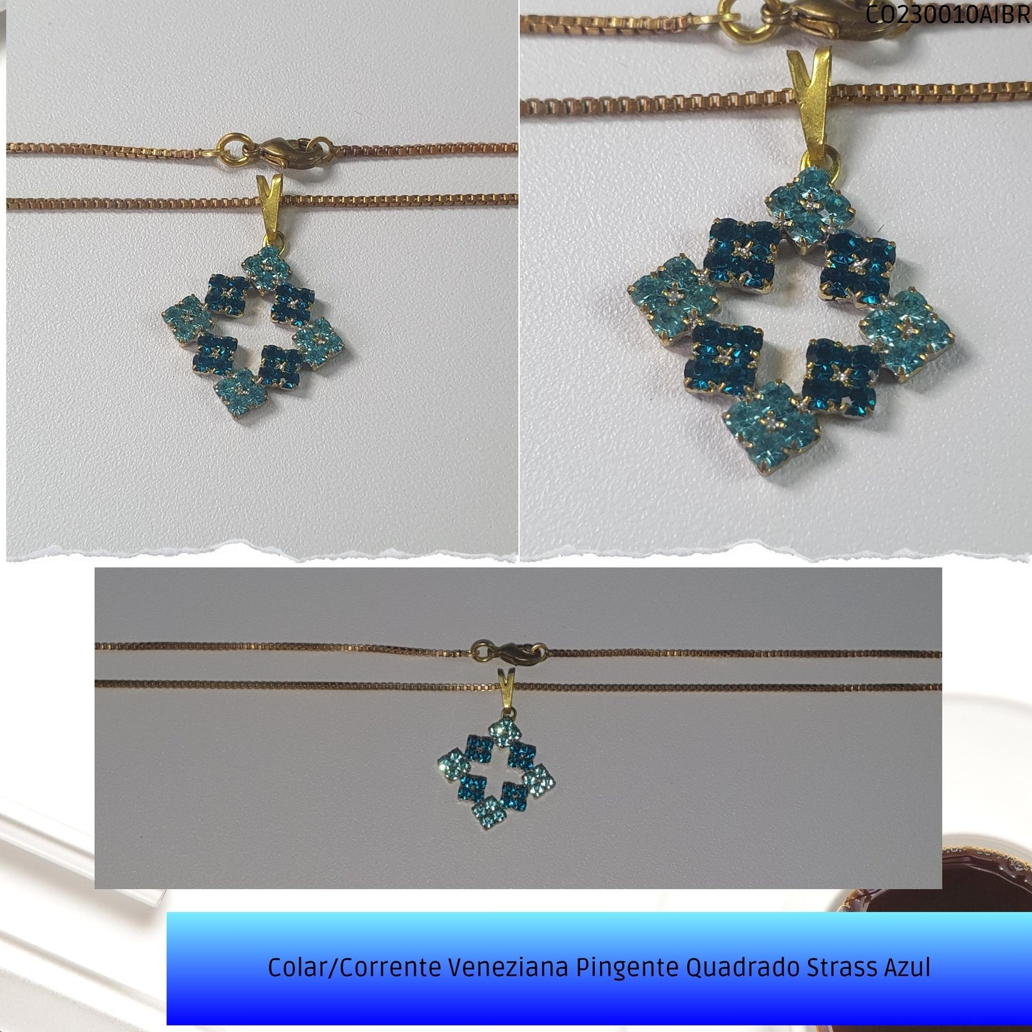 Colar/Corrente Veneziana Pingente Quadrado Strass Azul  - Código.: CO230010AIBR  - Peso.: 4.8 gr