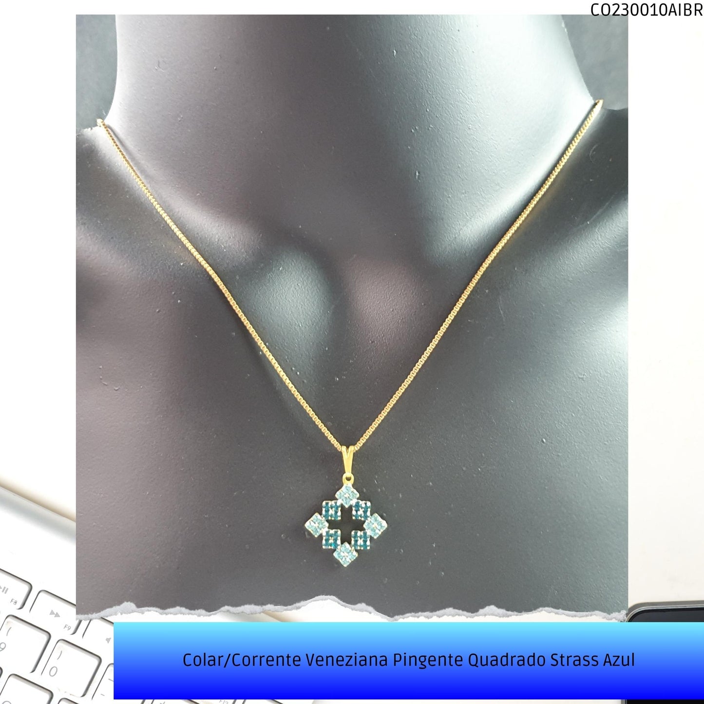 Colar/Corrente Veneziana Pingente Quadrado Strass Azul  - Código.: CO230010AIBR  - Peso.: 4.8 gr