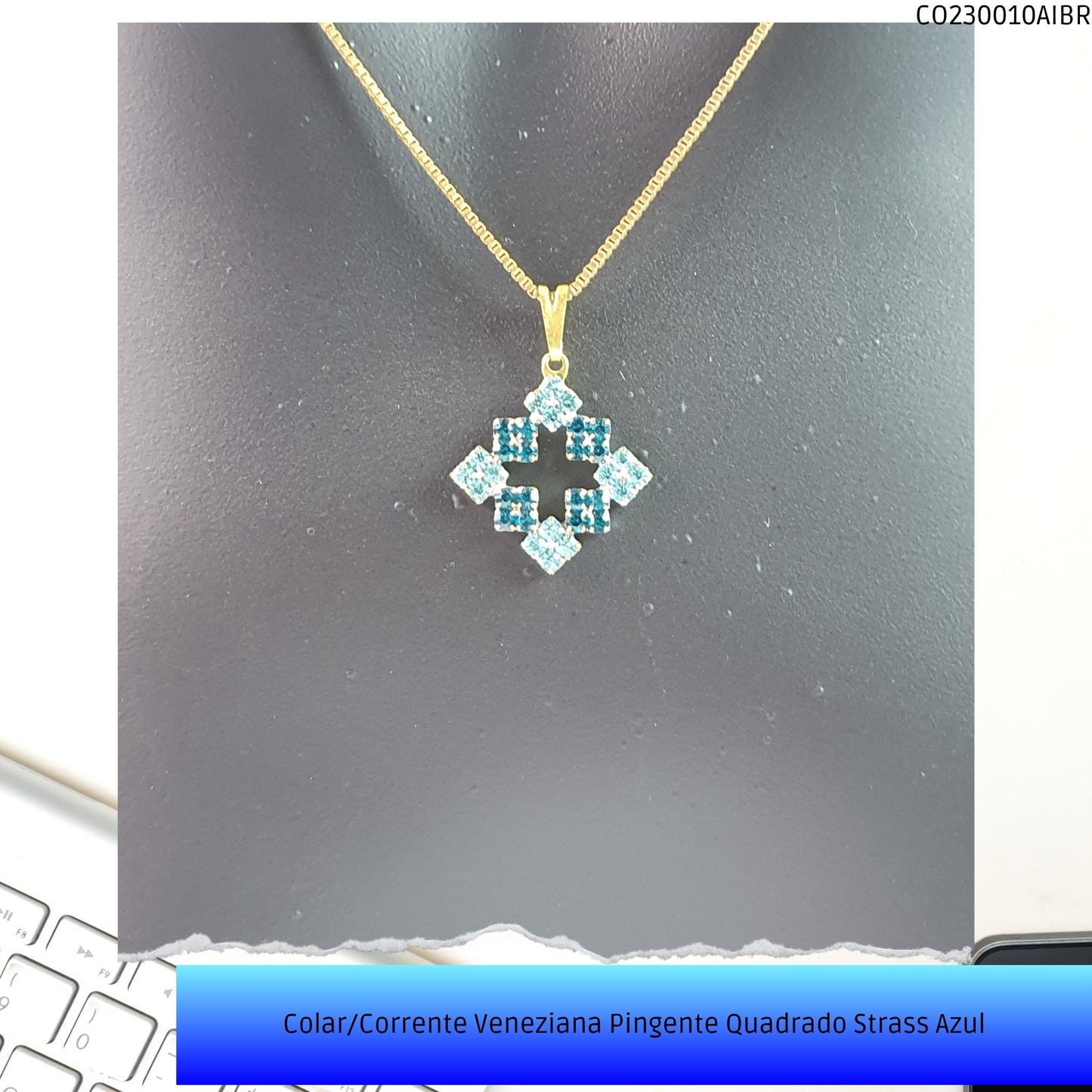 Colar/Corrente Veneziana Pingente Quadrado Strass Azul  - Código.: CO230010AIBR  - Peso.: 4.8 gr