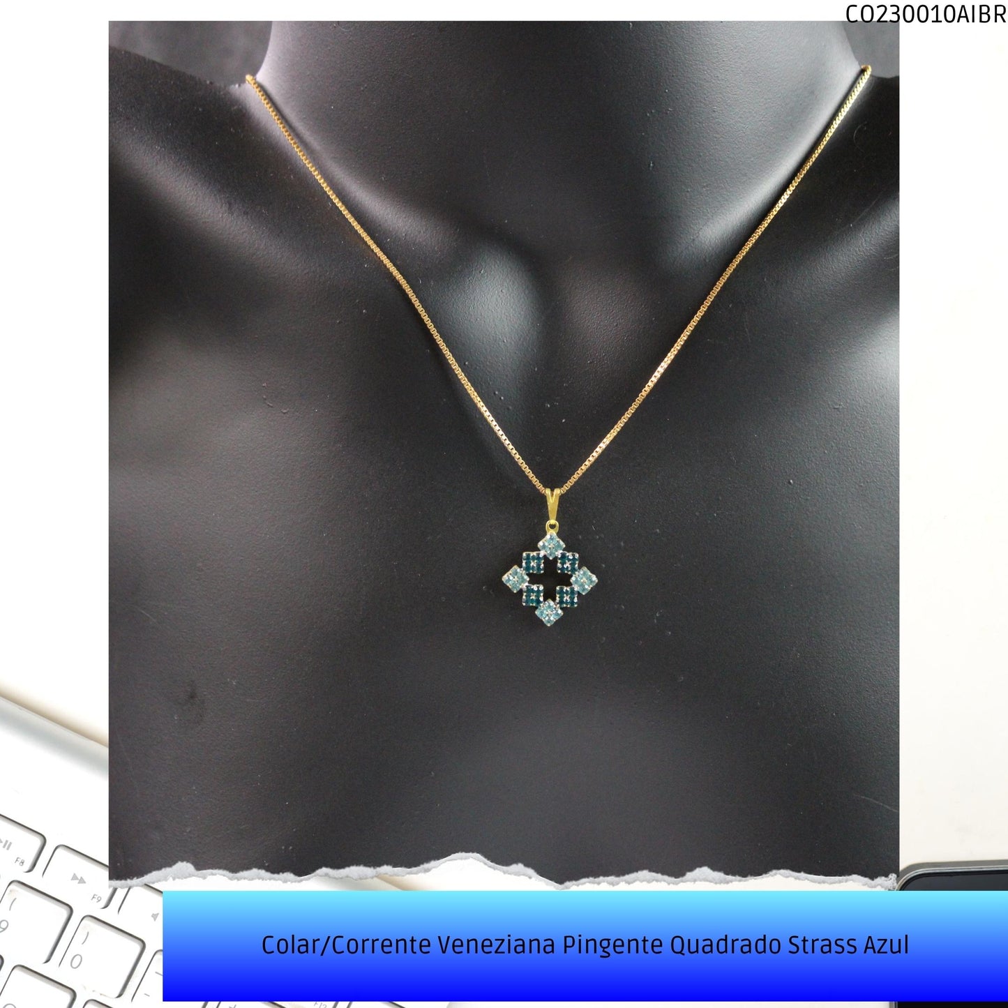 Colar/Corrente Veneziana Pingente Quadrado Strass Azul  - Código.: CO230010AIBR  - Peso.: 4.8 gr