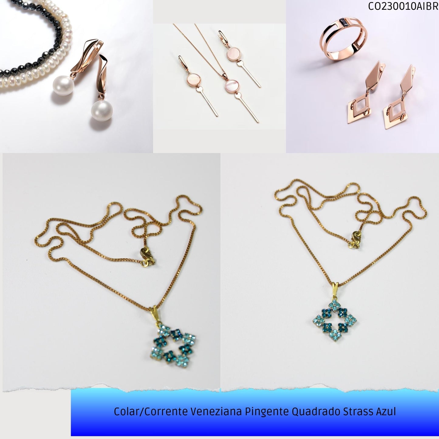 Colar/Corrente Veneziana Pingente Quadrado Strass Azul  - Código.: CO230010AIBR  - Peso.: 4.8 gr