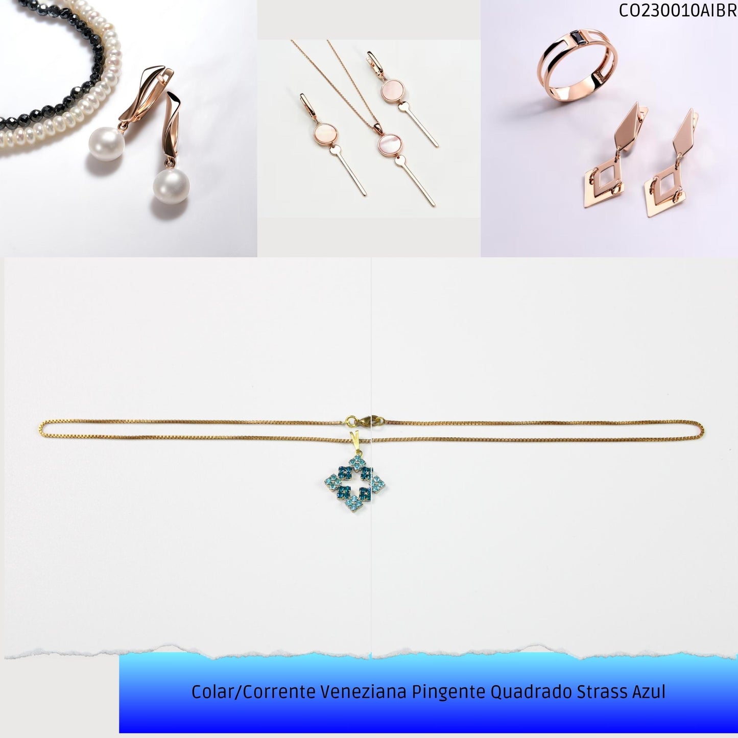 Colar/Corrente Veneziana Pingente Quadrado Strass Azul  - Código.: CO230010AIBR  - Peso.: 4.8 gr