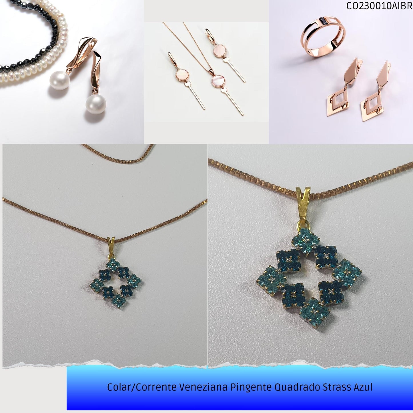 Colar/Corrente Veneziana Pingente Quadrado Strass Azul  - Código.: CO230010AIBR  - Peso.: 4.8 gr