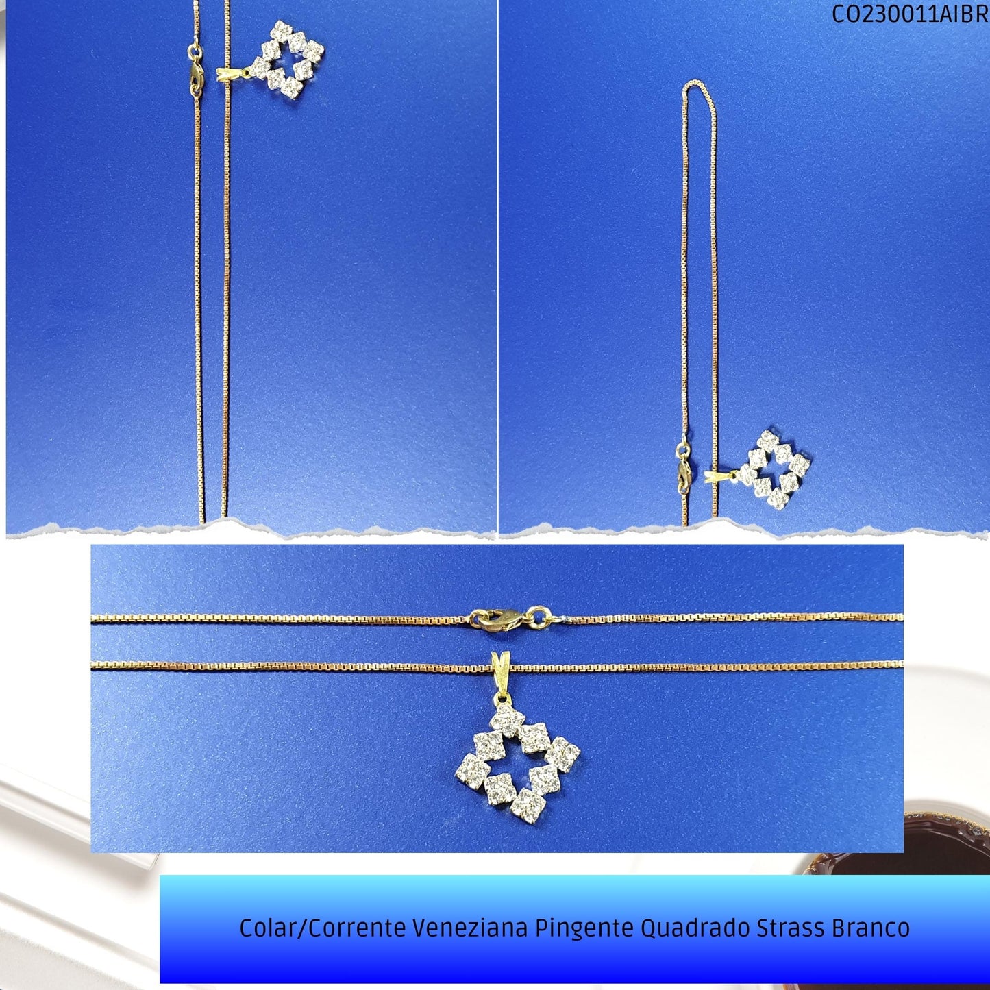 Colar/Corrente Veneziana Pingente Quadrado Strass Branco  - Código.: CO230011AIBR  - Peso.: 4.4 gr