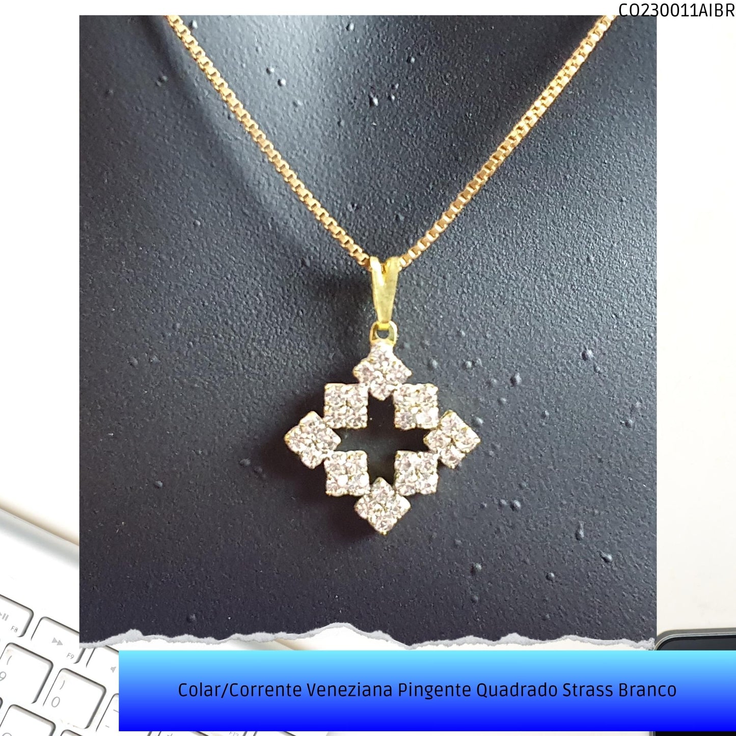 Colar/Corrente Veneziana Pingente Quadrado Strass Branco  - Código.: CO230011AIBR  - Peso.: 4.4 gr