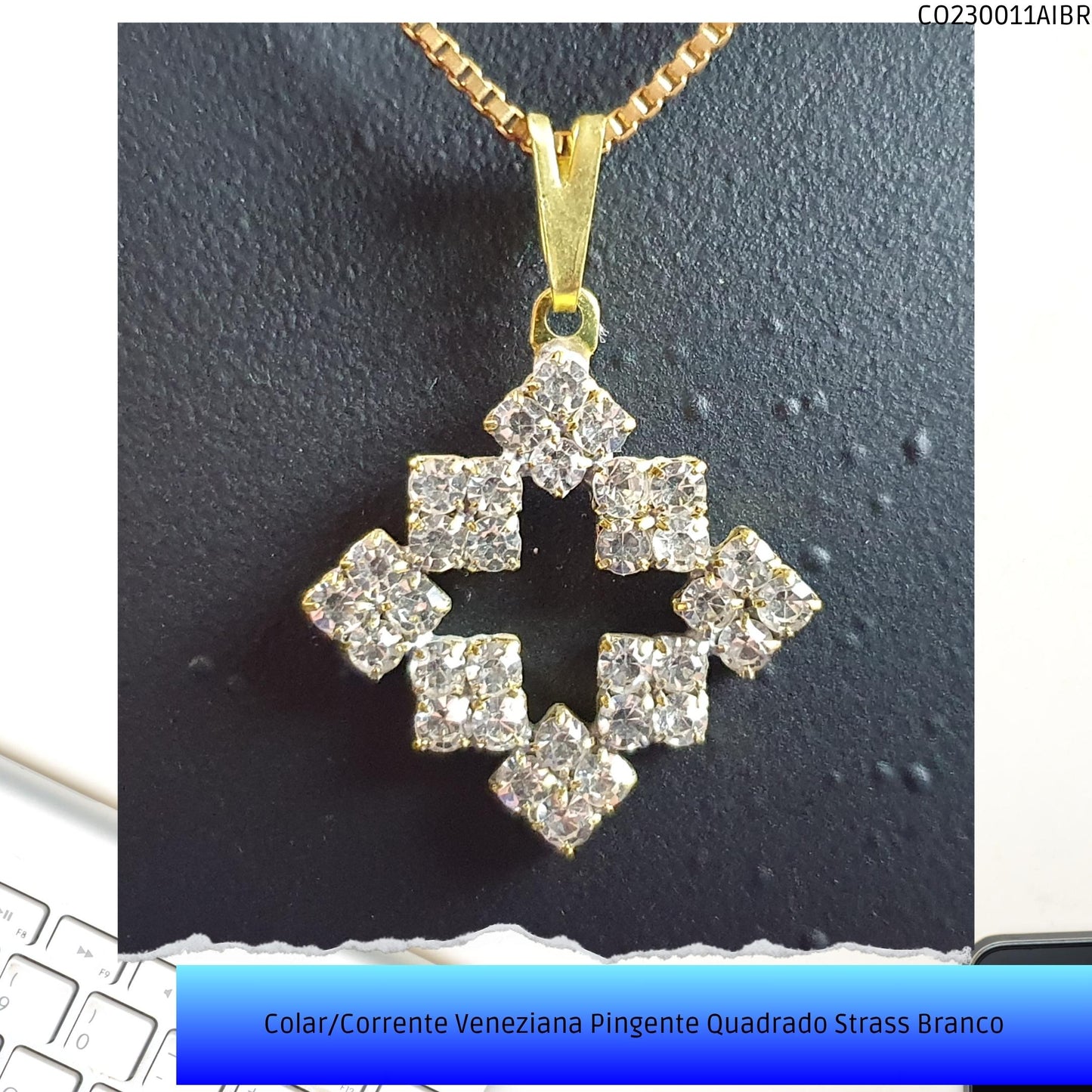 Colar/Corrente Veneziana Pingente Quadrado Strass Branco  - Código.: CO230011AIBR  - Peso.: 4.4 gr