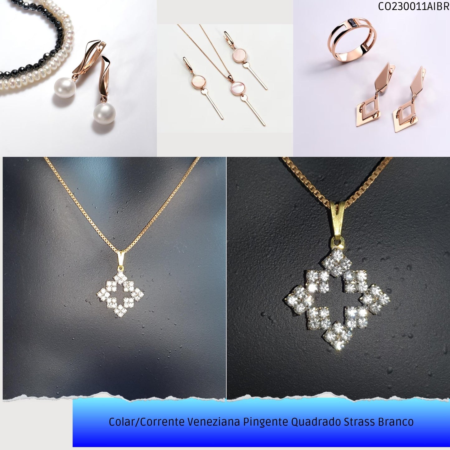 Colar/Corrente Veneziana Pingente Quadrado Strass Branco  - Código.: CO230011AIBR  - Peso.: 4.4 gr