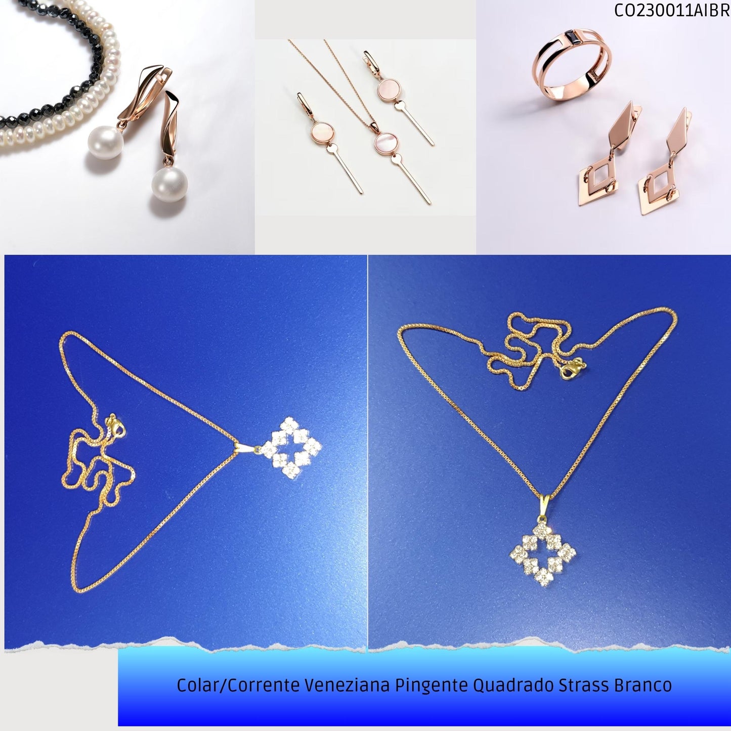 Colar/Corrente Veneziana Pingente Quadrado Strass Branco  - Código.: CO230011AIBR  - Peso.: 4.4 gr