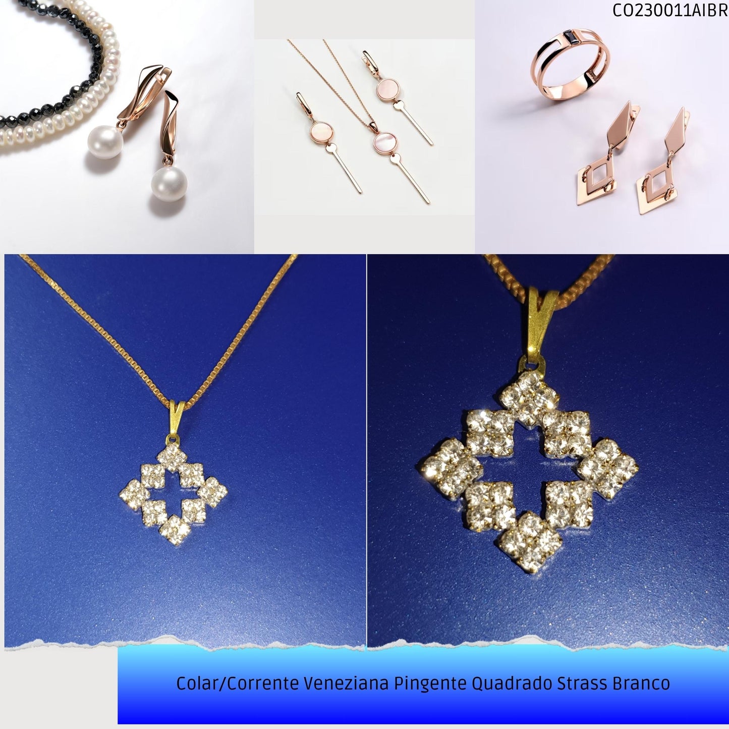 Colar/Corrente Veneziana Pingente Quadrado Strass Branco  - Código.: CO230011AIBR  - Peso.: 4.4 gr