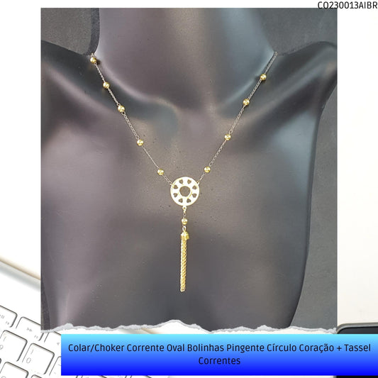 Colar/Choker Corrente Oval Bolinhas Pingente Círculo Coração + Tassel Correntes  - Código.: CO230013AIBR  - Peso.: 6.3 gr