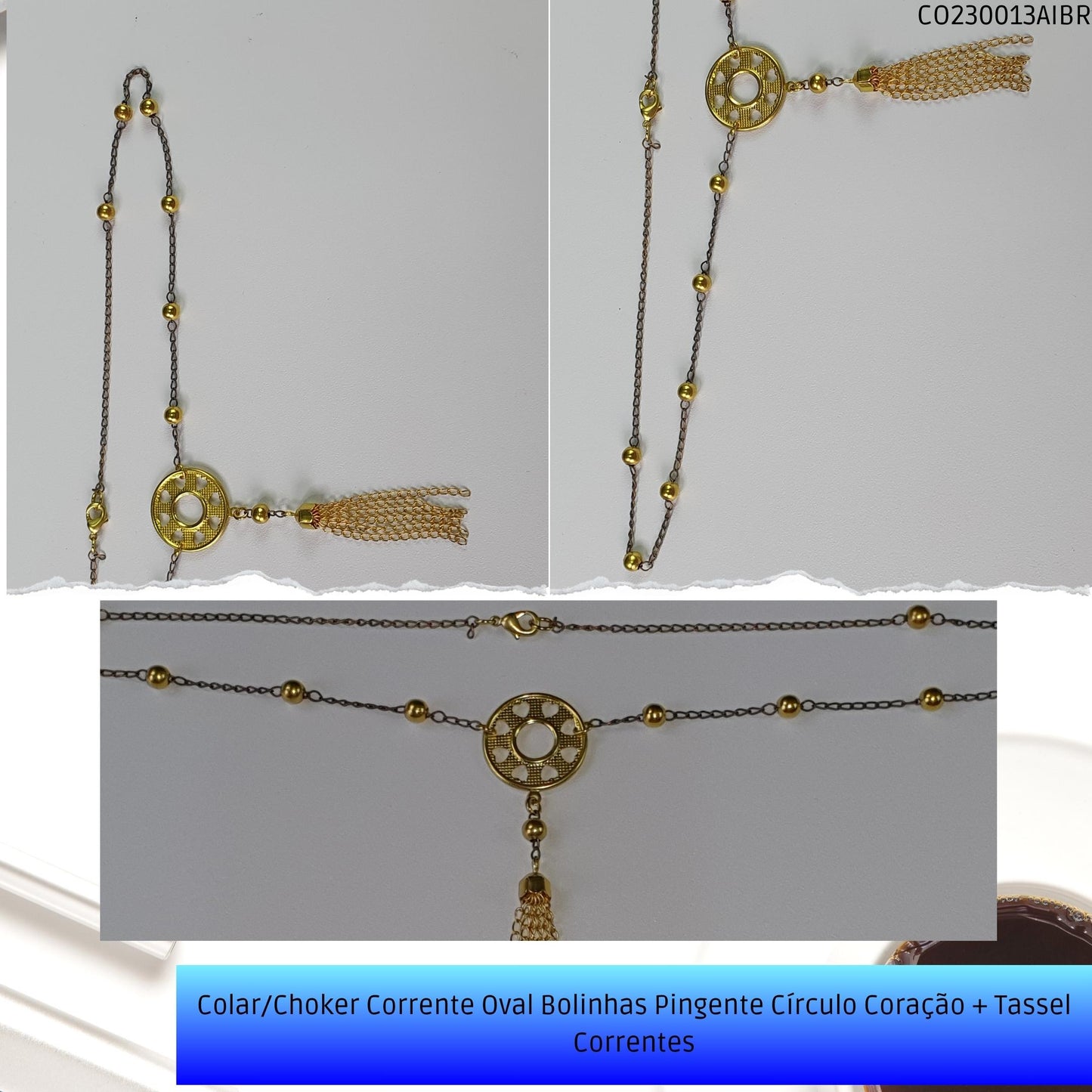 Colar/Choker Corrente Oval Bolinhas Pingente Círculo Coração + Tassel Correntes  - Código.: CO230013AIBR  - Peso.: 6.3 gr
