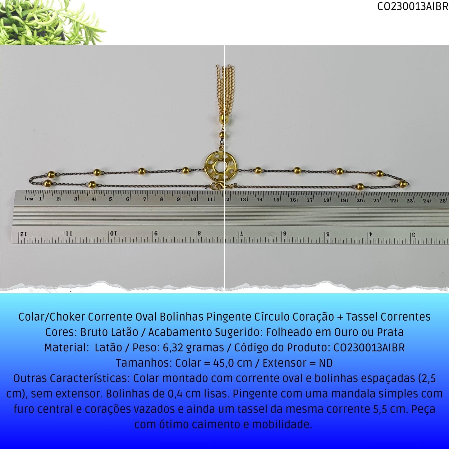 Colar/Choker Corrente Oval Bolinhas Pingente Círculo Coração + Tassel Correntes  - Código.: CO230013AIBR  - Peso.: 6.3 gr