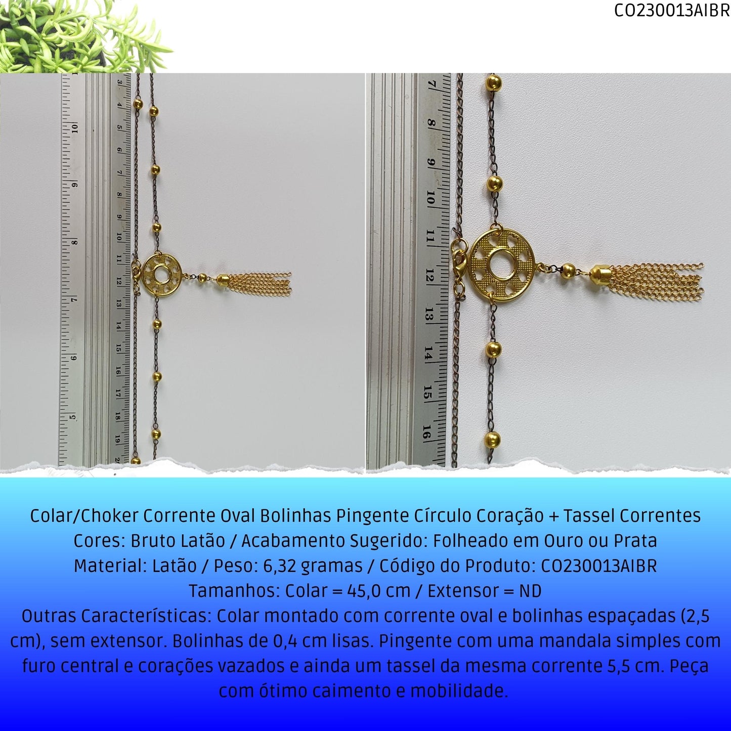 Colar/Choker Corrente Oval Bolinhas Pingente Círculo Coração + Tassel Correntes  - Código.: CO230013AIBR  - Peso.: 6.3 gr