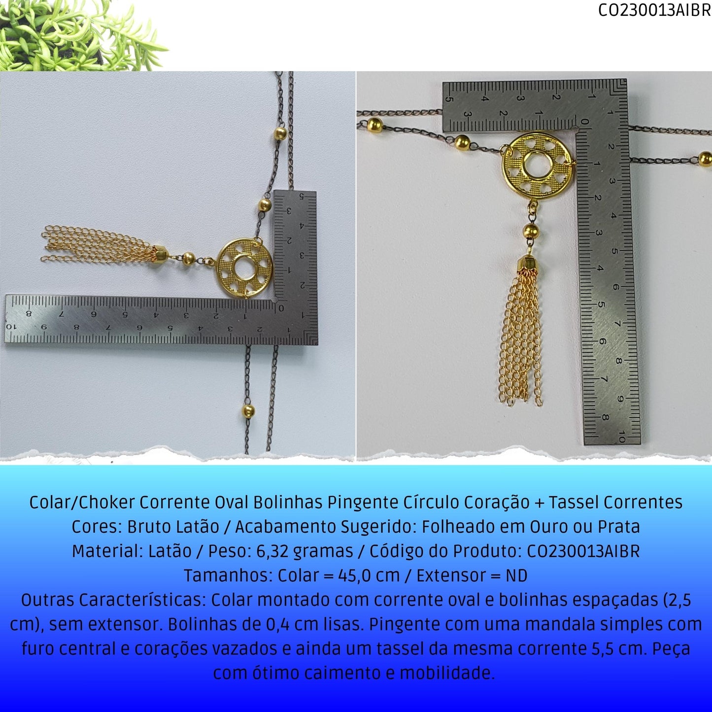 Colar/Choker Corrente Oval Bolinhas Pingente Círculo Coração + Tassel Correntes  - Código.: CO230013AIBR  - Peso.: 6.3 gr