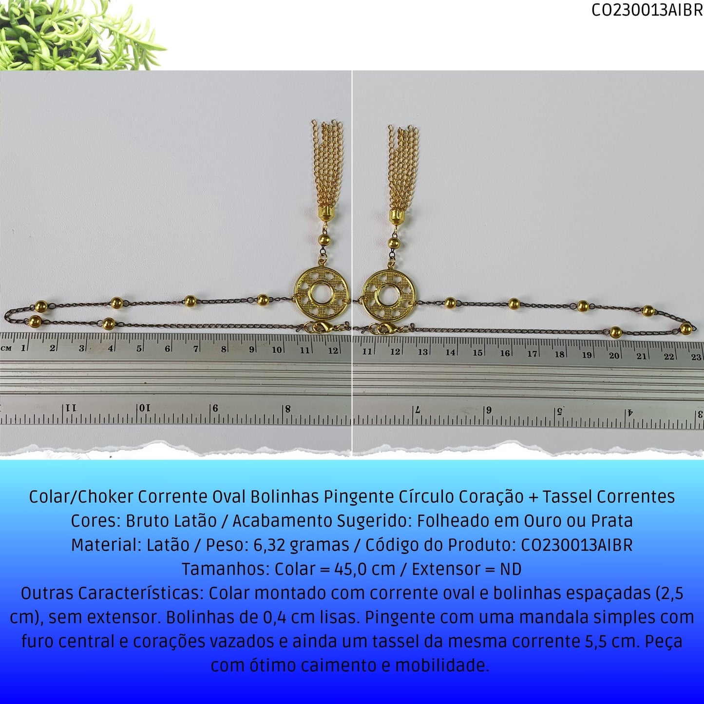 Colar/Choker Corrente Oval Bolinhas Pingente Círculo Coração + Tassel Correntes  - Código.: CO230013AIBR  - Peso.: 6.3 gr