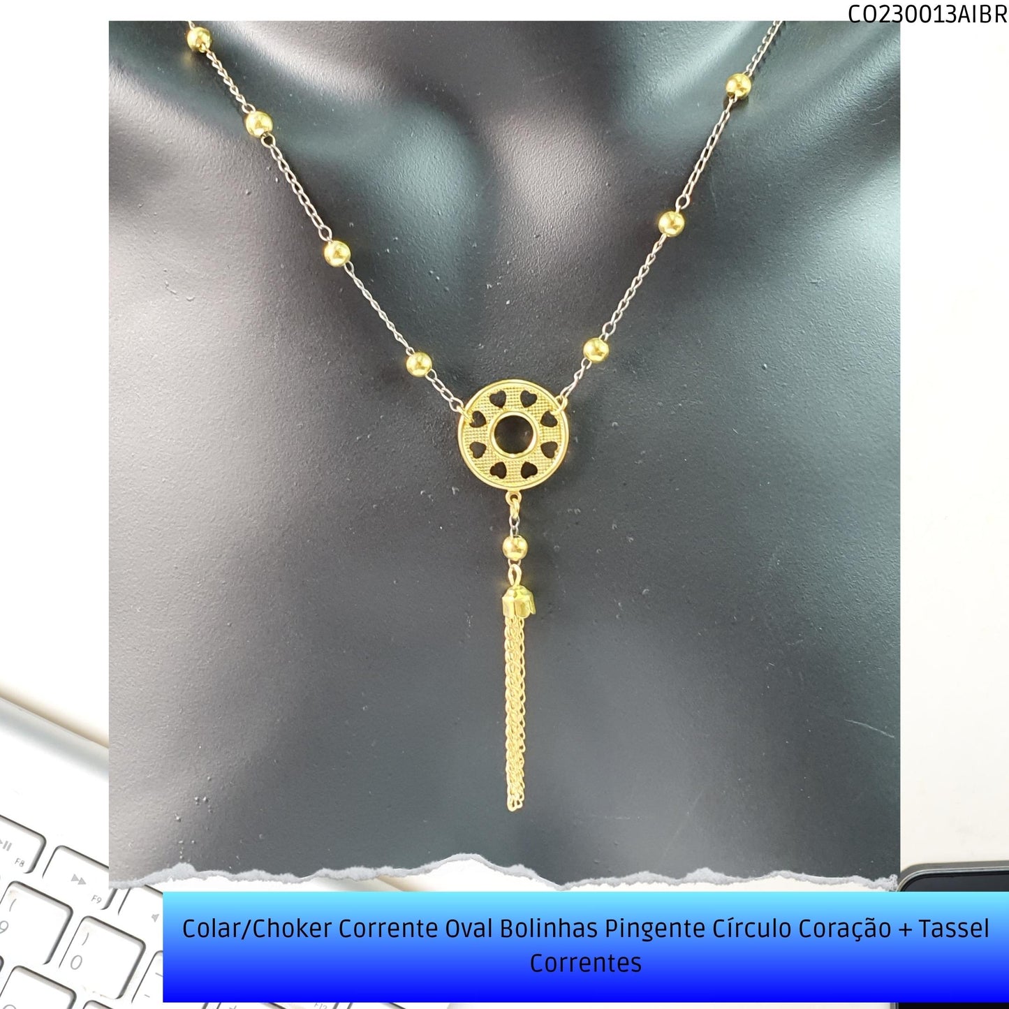 Colar/Choker Corrente Oval Bolinhas Pingente Círculo Coração + Tassel Correntes  - Código.: CO230013AIBR  - Peso.: 6.3 gr
