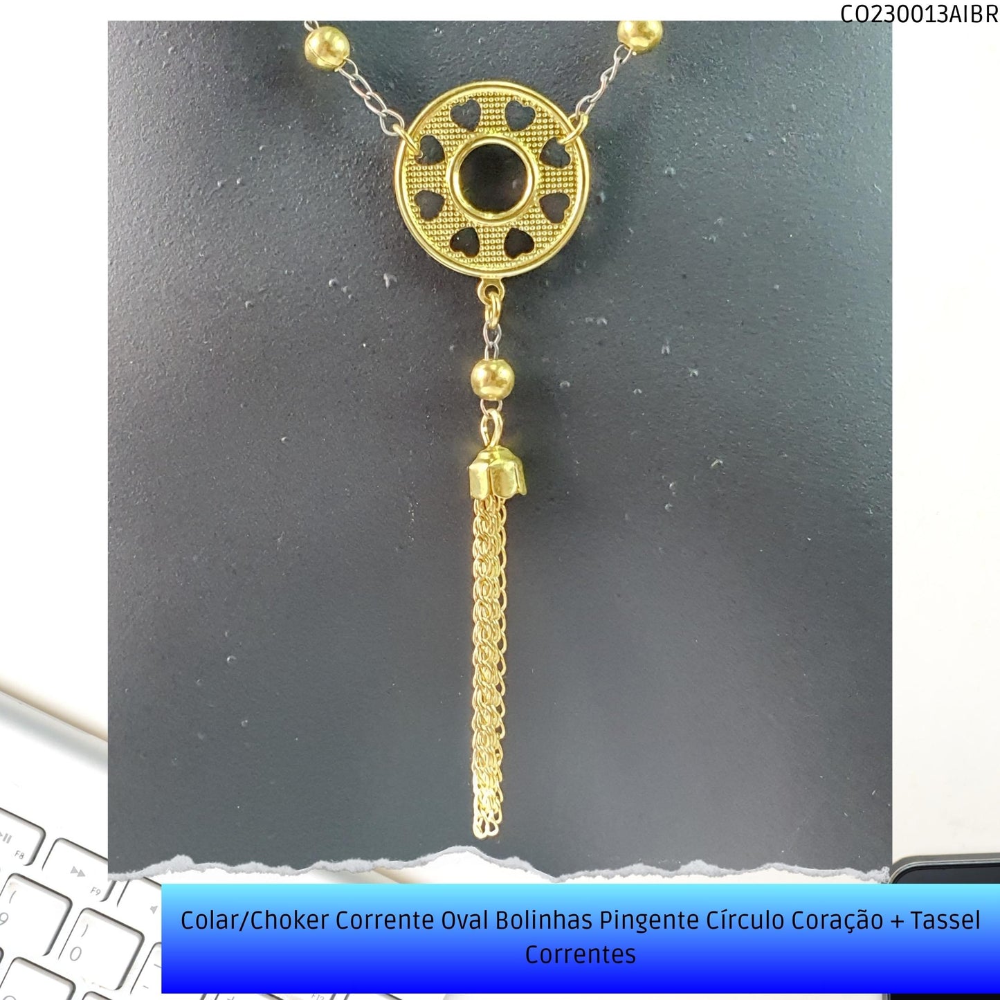 Colar/Choker Corrente Oval Bolinhas Pingente Círculo Coração + Tassel Correntes  - Código.: CO230013AIBR  - Peso.: 6.3 gr