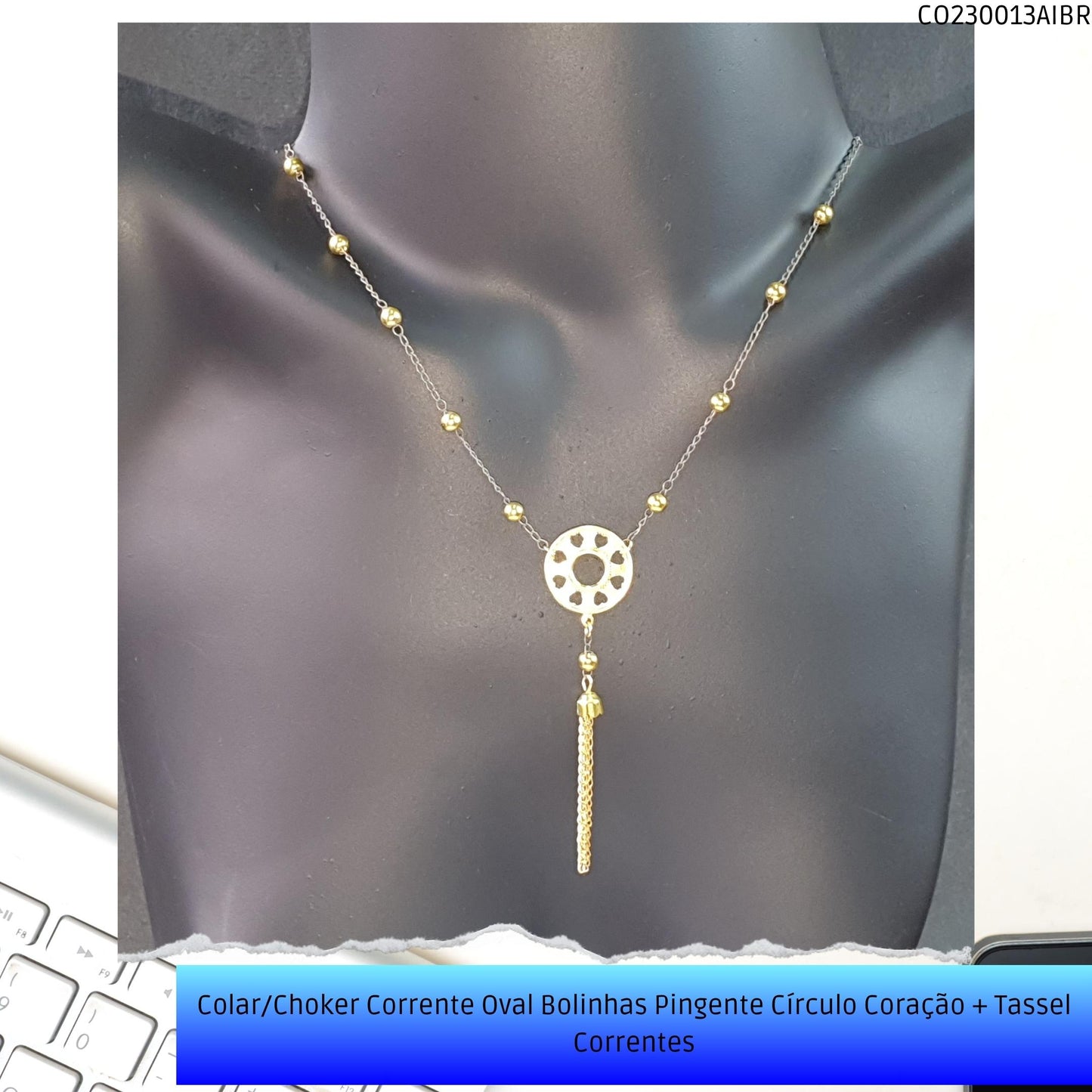 Colar/Choker Corrente Oval Bolinhas Pingente Círculo Coração + Tassel Correntes  - Código.: CO230013AIBR  - Peso.: 6.3 gr