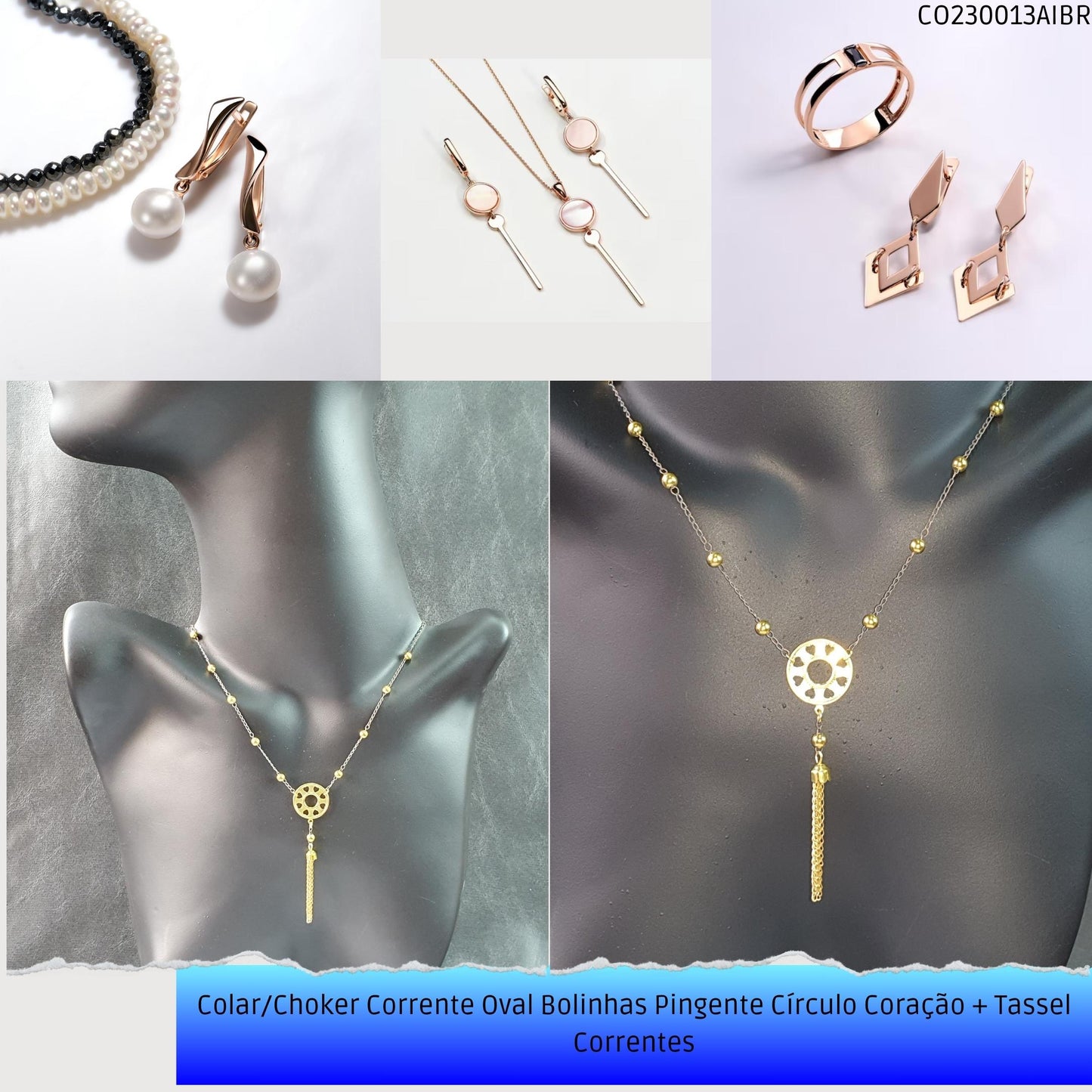 Colar/Choker Corrente Oval Bolinhas Pingente Círculo Coração + Tassel Correntes  - Código.: CO230013AIBR  - Peso.: 6.3 gr