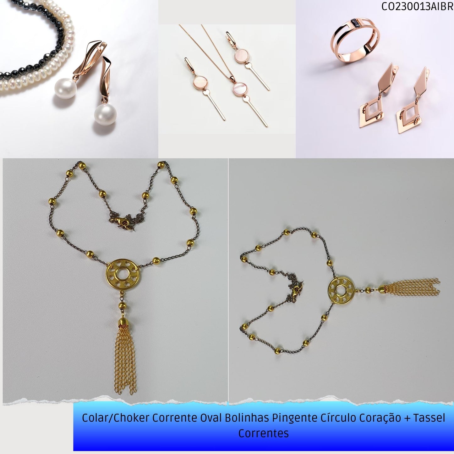 Colar/Choker Corrente Oval Bolinhas Pingente Círculo Coração + Tassel Correntes  - Código.: CO230013AIBR  - Peso.: 6.3 gr