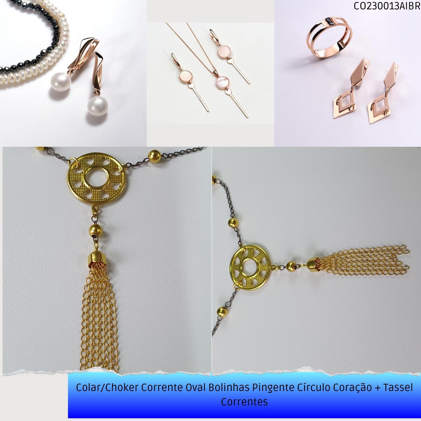 Colar/Choker Corrente Oval Bolinhas Pingente Círculo Coração + Tassel Correntes  - Código.: CO230013AIBR  - Peso.: 6.3 gr
