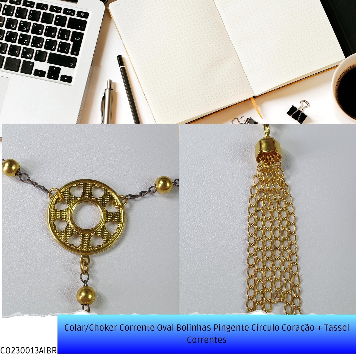 Colar/Choker Corrente Oval Bolinhas Pingente Círculo Coração + Tassel Correntes  - Código.: CO230013AIBR  - Peso.: 6.3 gr