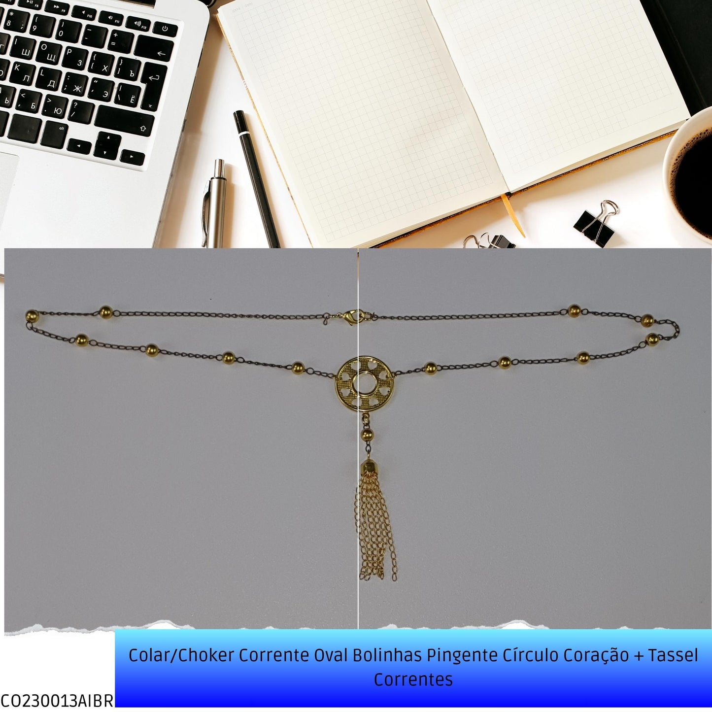 Colar/Choker Corrente Oval Bolinhas Pingente Círculo Coração + Tassel Correntes  - Código.: CO230013AIBR  - Peso.: 6.3 gr