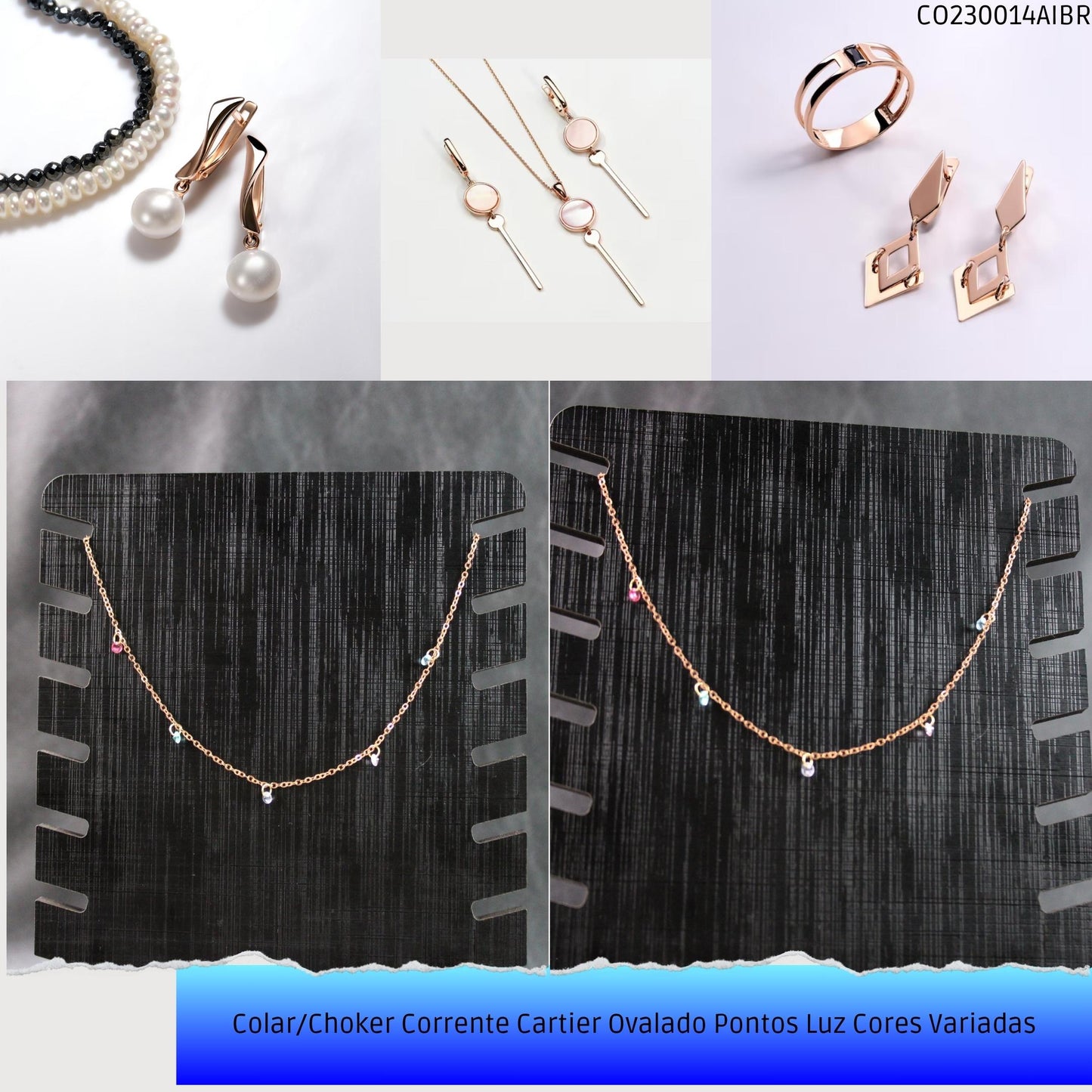 Colar/Choker Corrente Cartier Ovalado Pontos Luz Cores Variadas  - Código.: CO230014AIBR  - Peso.: 2.4 gr