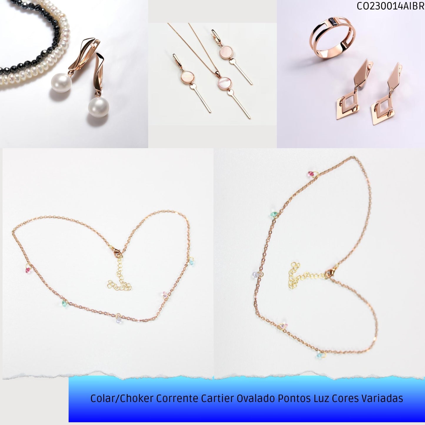 Colar/Choker Corrente Cartier Ovalado Pontos Luz Cores Variadas  - Código.: CO230014AIBR  - Peso.: 2.4 gr