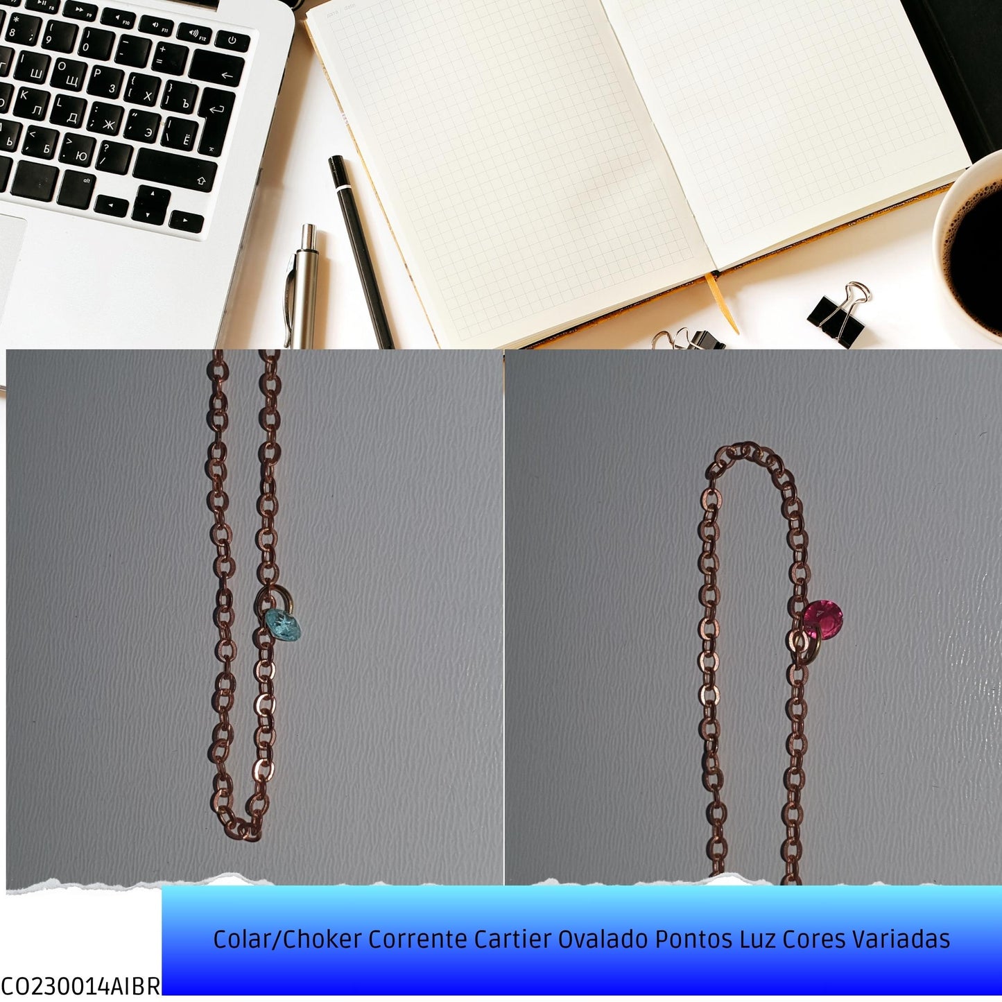 Colar/Choker Corrente Cartier Ovalado Pontos Luz Cores Variadas  - Código.: CO230014AIBR  - Peso.: 2.4 gr