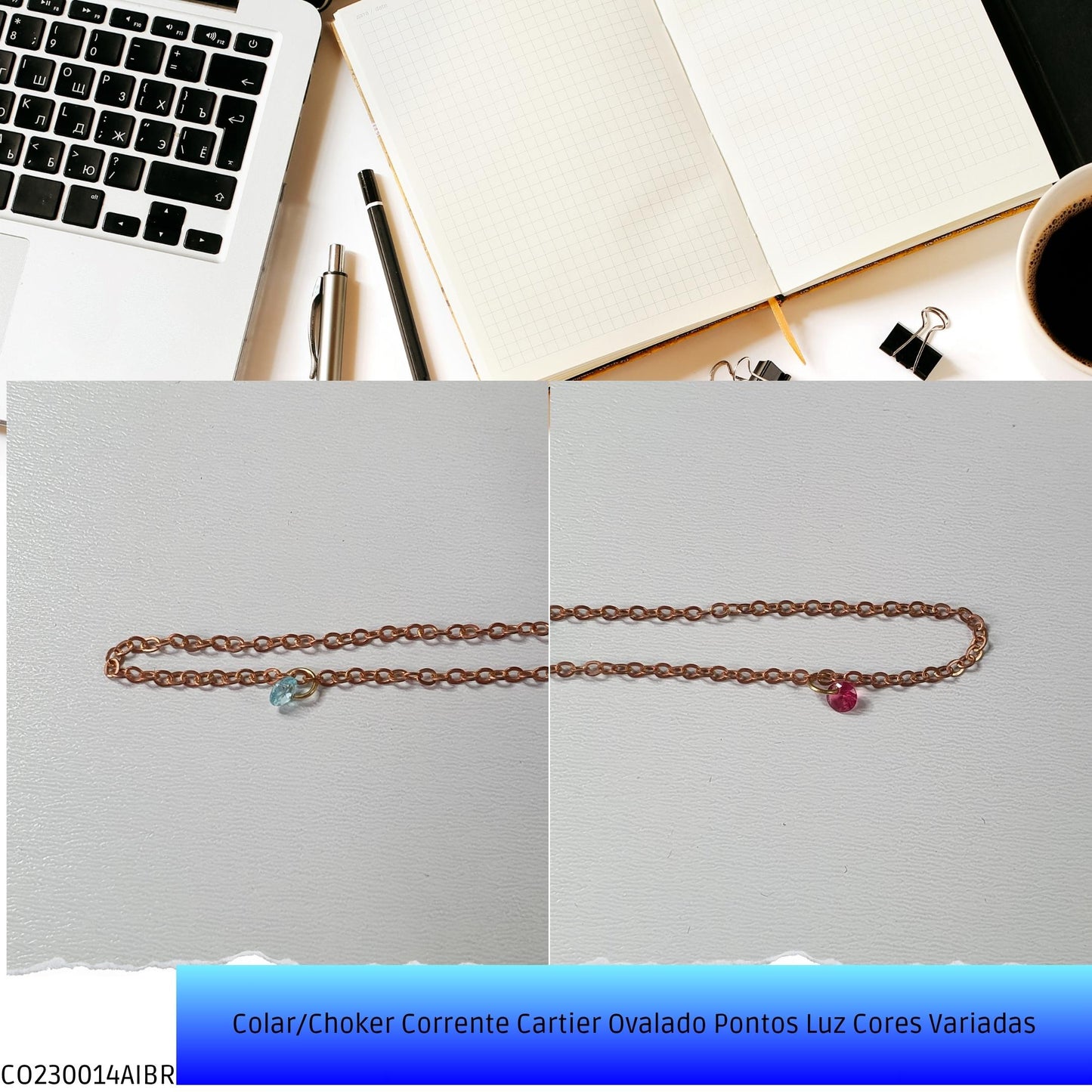 Colar/Choker Corrente Cartier Ovalado Pontos Luz Cores Variadas  - Código.: CO230014AIBR  - Peso.: 2.4 gr