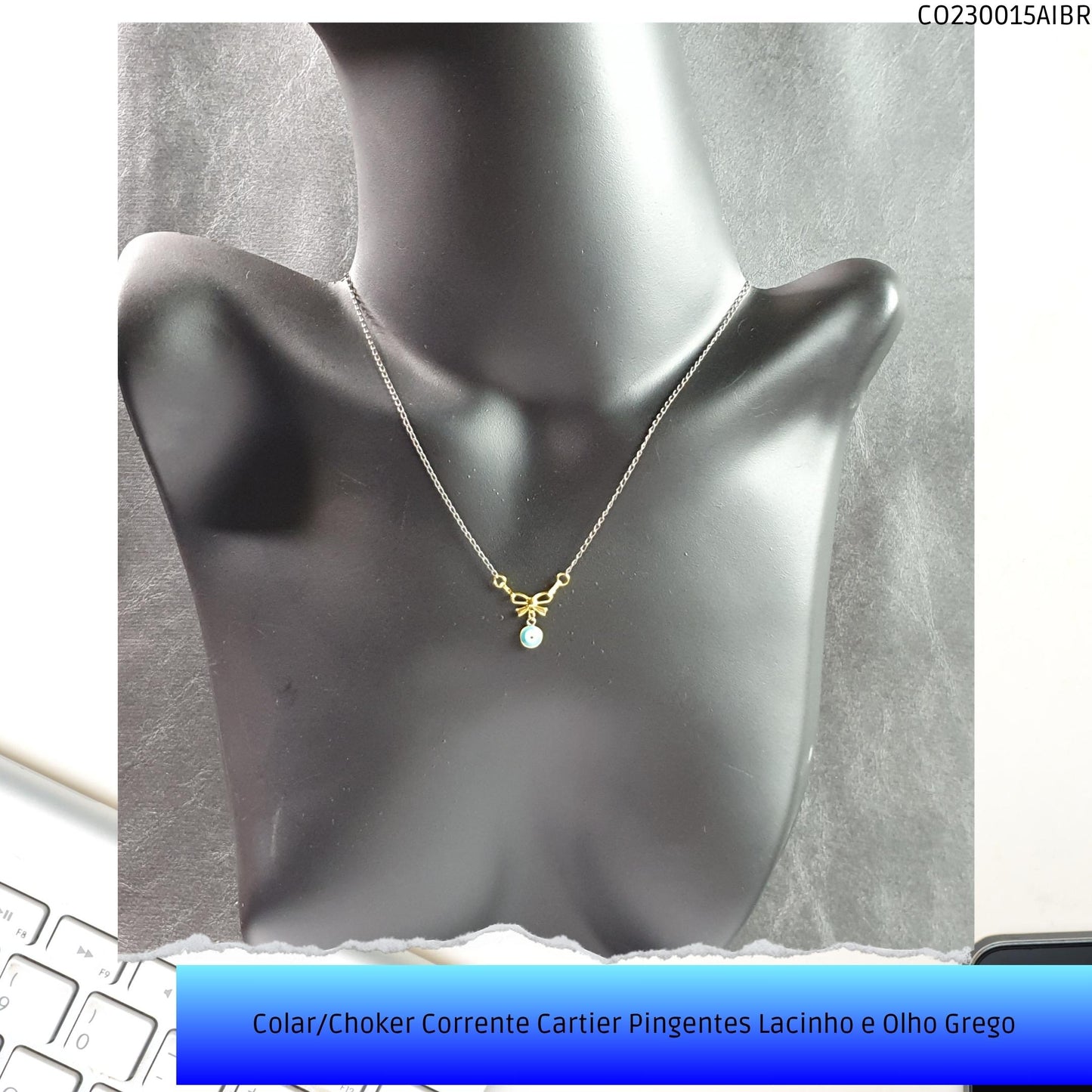 Colar/Choker Corrente Cartier Pingentes Lacinho e Olho Grego  - Código.: CO230015AIBR  - Peso.: 2.2 gr