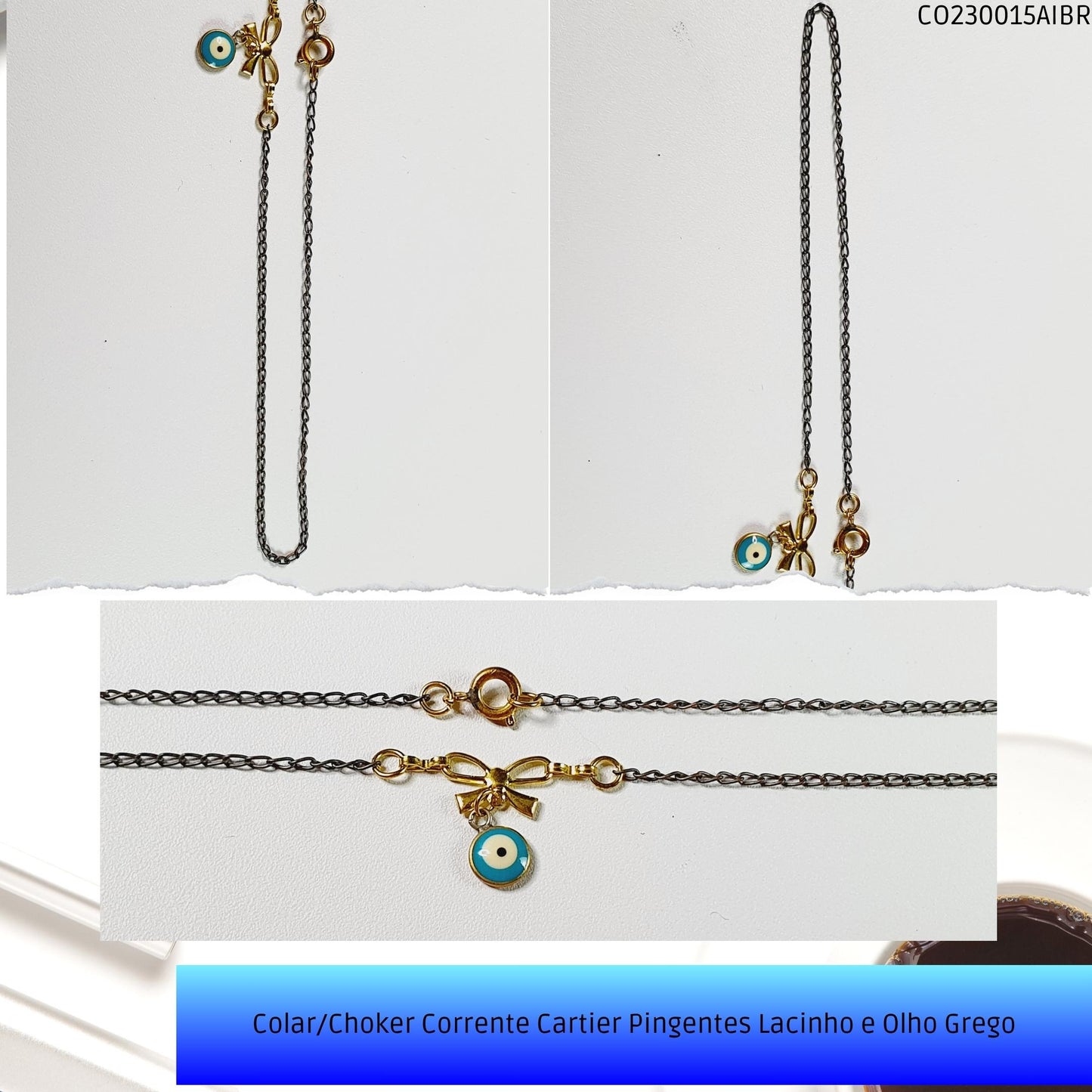Colar/Choker Corrente Cartier Pingentes Lacinho e Olho Grego  - Código.: CO230015AIBR  - Peso.: 2.2 gr