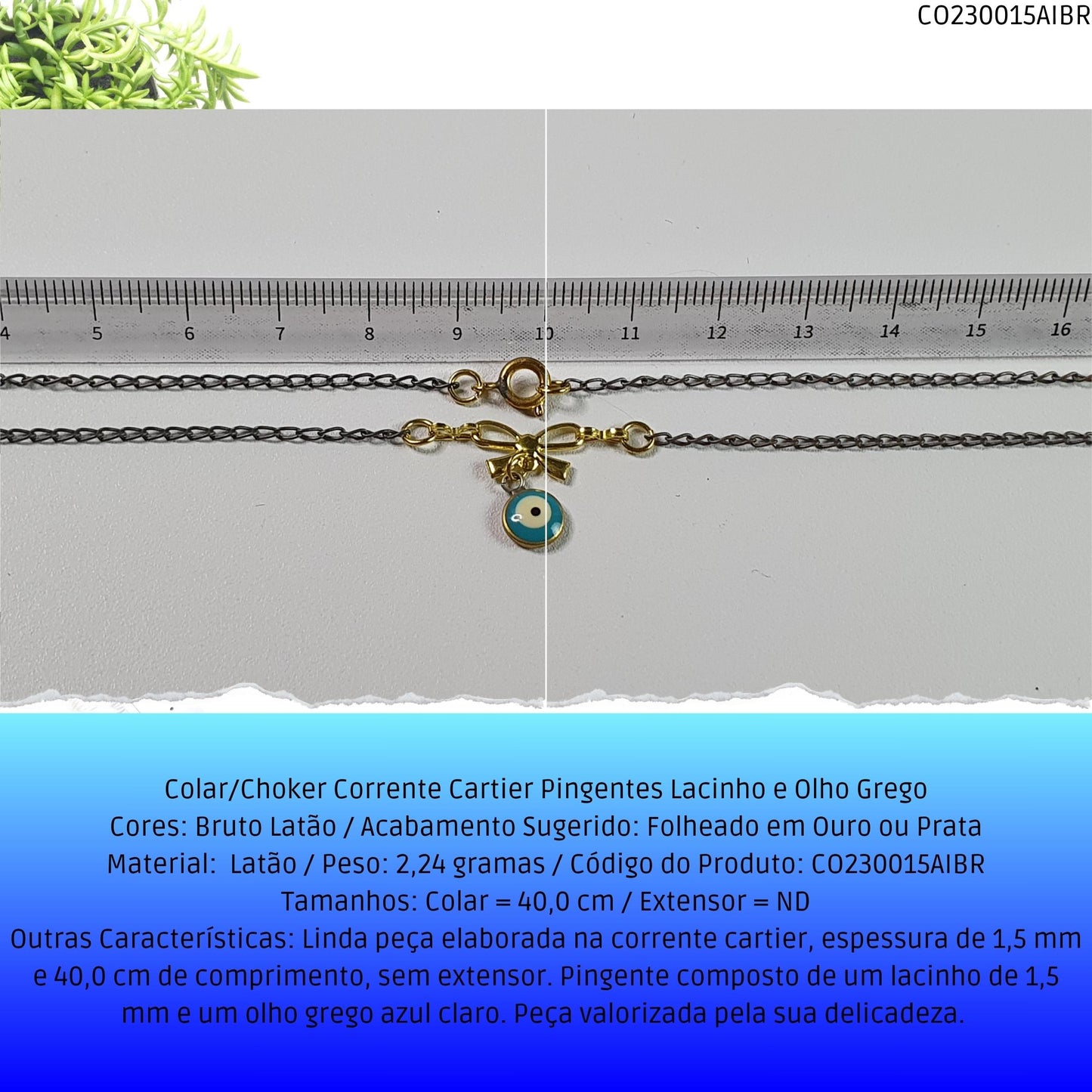 Colar/Choker Corrente Cartier Pingentes Lacinho e Olho Grego  - Código.: CO230015AIBR  - Peso.: 2.2 gr