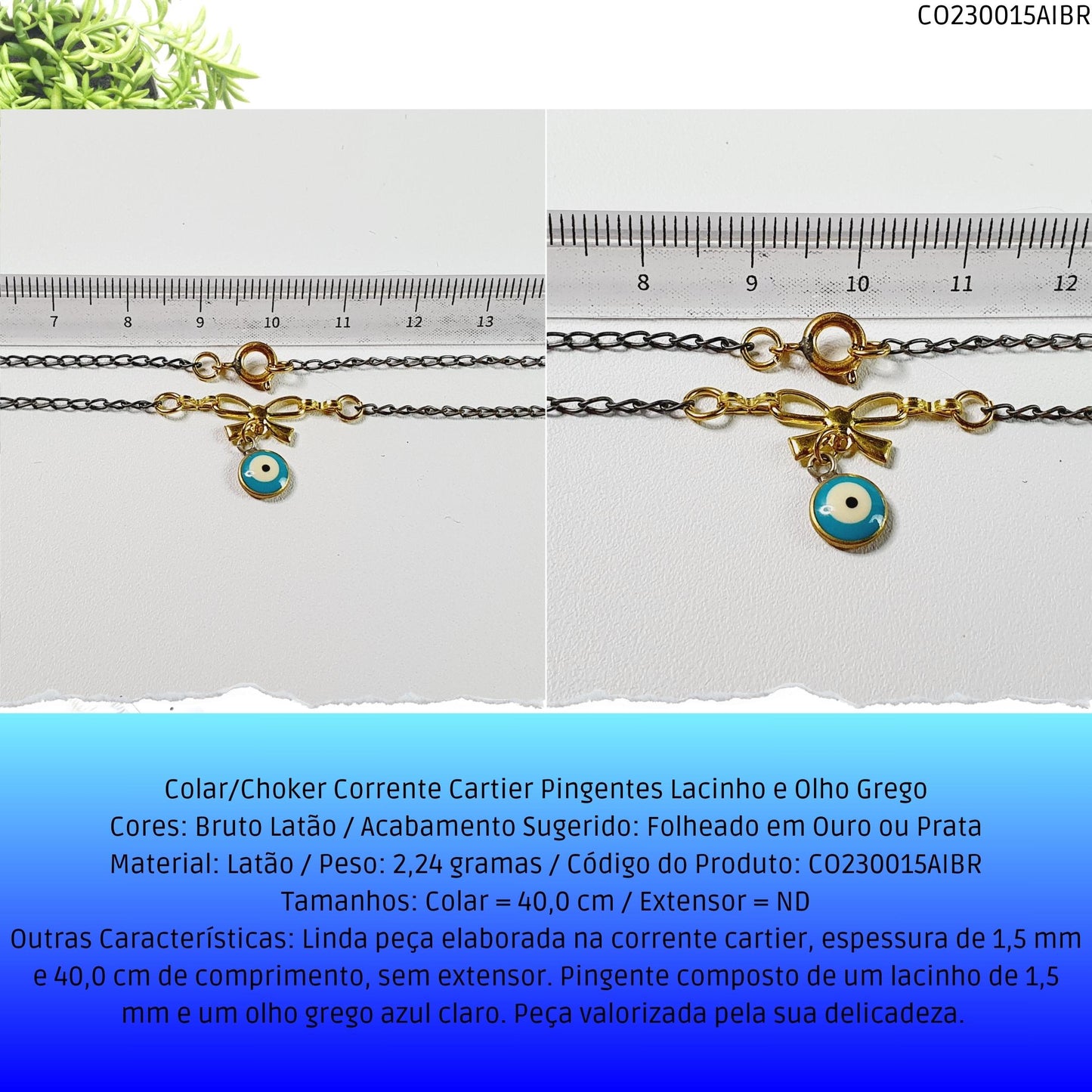 Colar/Choker Corrente Cartier Pingentes Lacinho e Olho Grego  - Código.: CO230015AIBR  - Peso.: 2.2 gr
